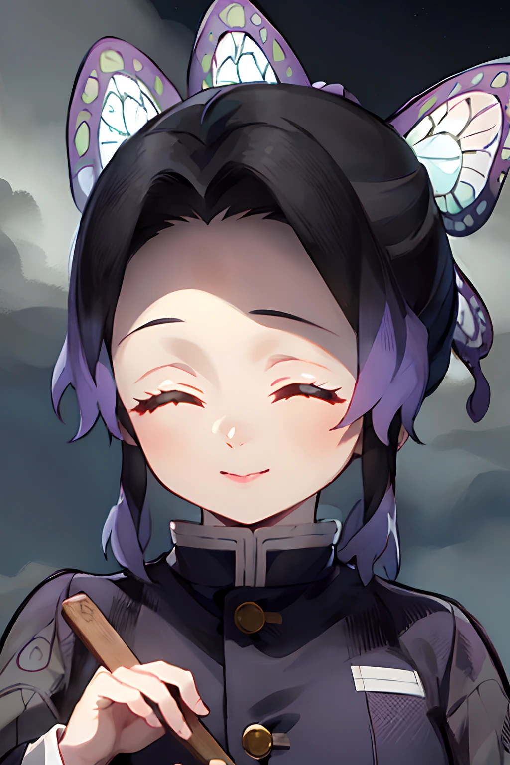 masterpiece, best quality, ultra-detailed, Potrait of beautiful ShinobuDB, demon_slayer_uniform, solo, smile, japanese_clothes, haori, closed_mouth, jacket, long_sleeves, upper_body, closed_eyes, cloud, sky, night, volumetric lighting, best quality, masterpiece, intricate details, tonemapping, sharp focus, hyper detailed, trending on Artstation,