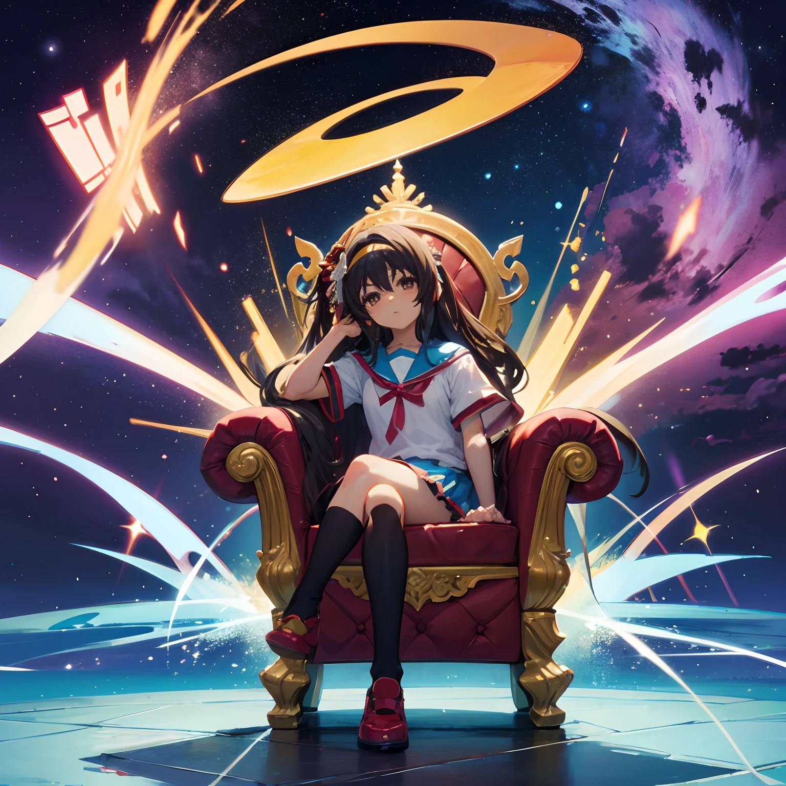 frontage suzumiya haruhi sitting in a throne the background is the universe