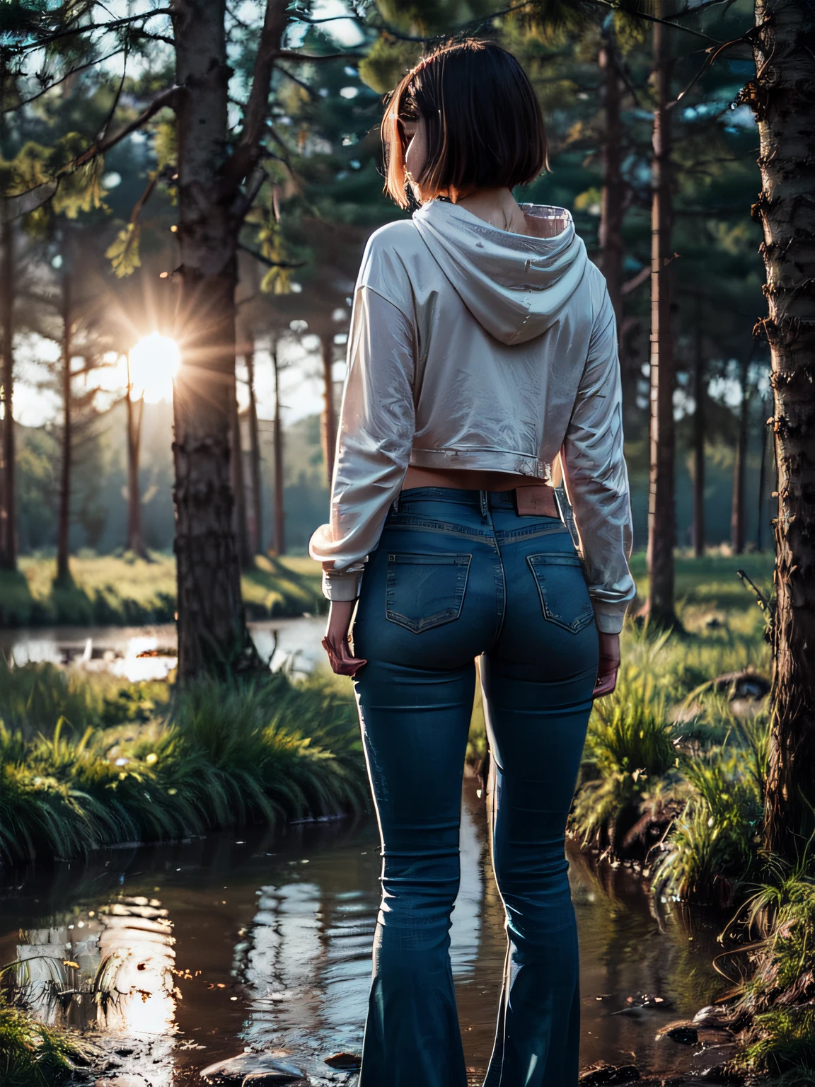 grey hair, different hair, open hair, depth of field, cinematic lighting, film grain, atmospheric perspective, from behind, perspective, 85mm, f/2.8, Canon, 8k, highres, high details, masterpiece, UHD, (1girl:1.5), girl, solo, back, full body, hills, lake, nature, trees, leaves, sunset, the sun, windy, tshirt and shorts, highly detailed clothes, detailed body, RAW Photo, dramatic lighting, black shoes, (realistic:1.5), perfect waist, enjoying loneliness with nature