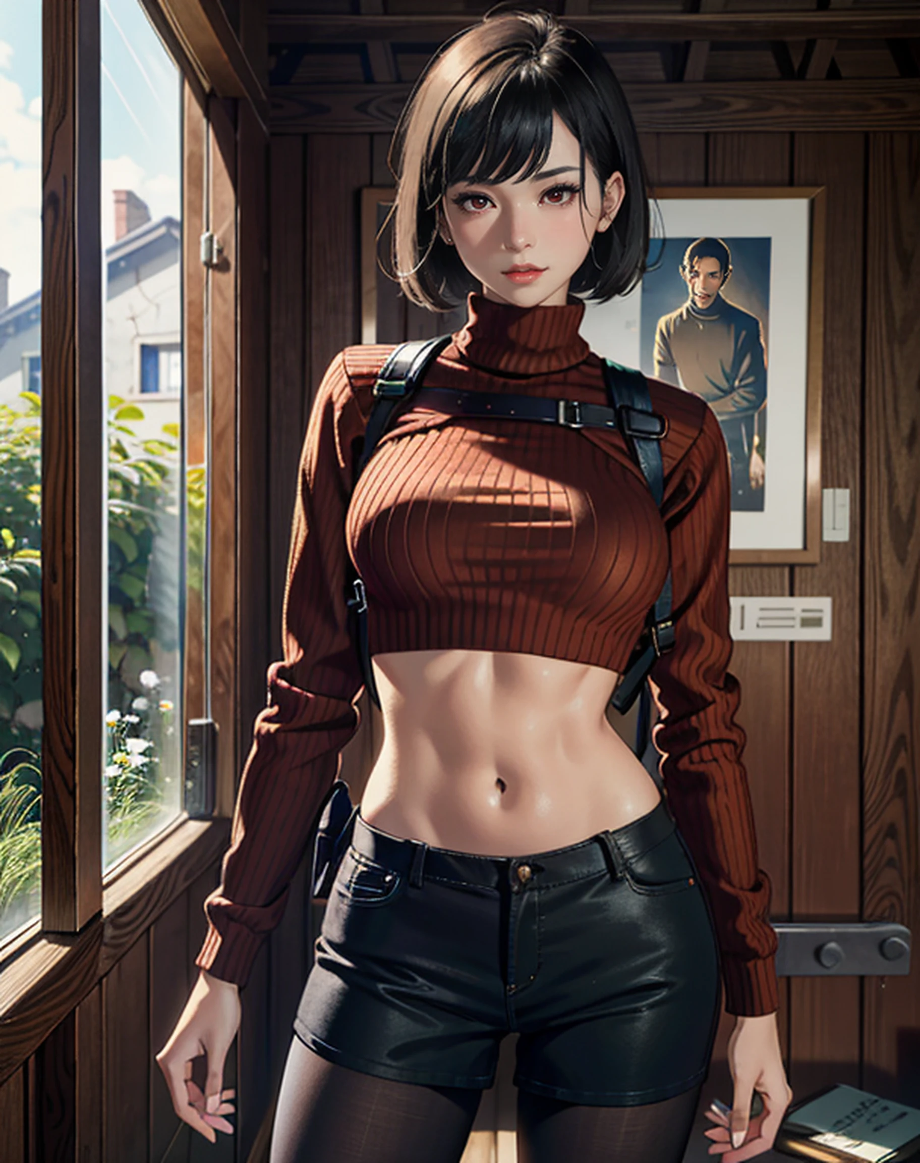 (masterpiece, best quality), 1girl, AshleyGrahamRE, solo, breasts, looking at viewer, short hair, red eyes, medium breasts, against wall, closed mouth, pantyhose, long Sleeve, black hair,red sweater, lips, plaid, black pantyhose, long pantyhose, bob cut, black pantyhose,ribbed sweater, realistic, nose, long Sleeve turtleneck, red shirt, long Sleeve sweater, red sweater, crop sweater, beautiful belly,abs,(abs,muculature:1.2), in abandoned hut, abandoned village,