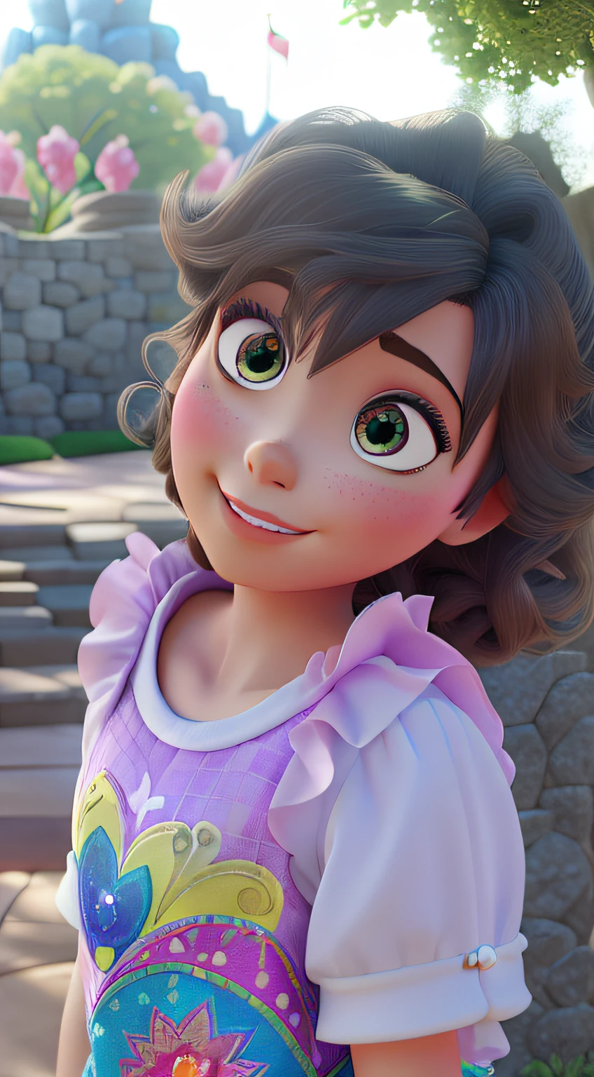 Um cartaz inspirado em princesa disney, inspired by Disney Pixar's signature digital art style. O fundo deve ser rico em cores vibrantes, complemented by meticulous textures reminiscent of Pixar's renowned animations