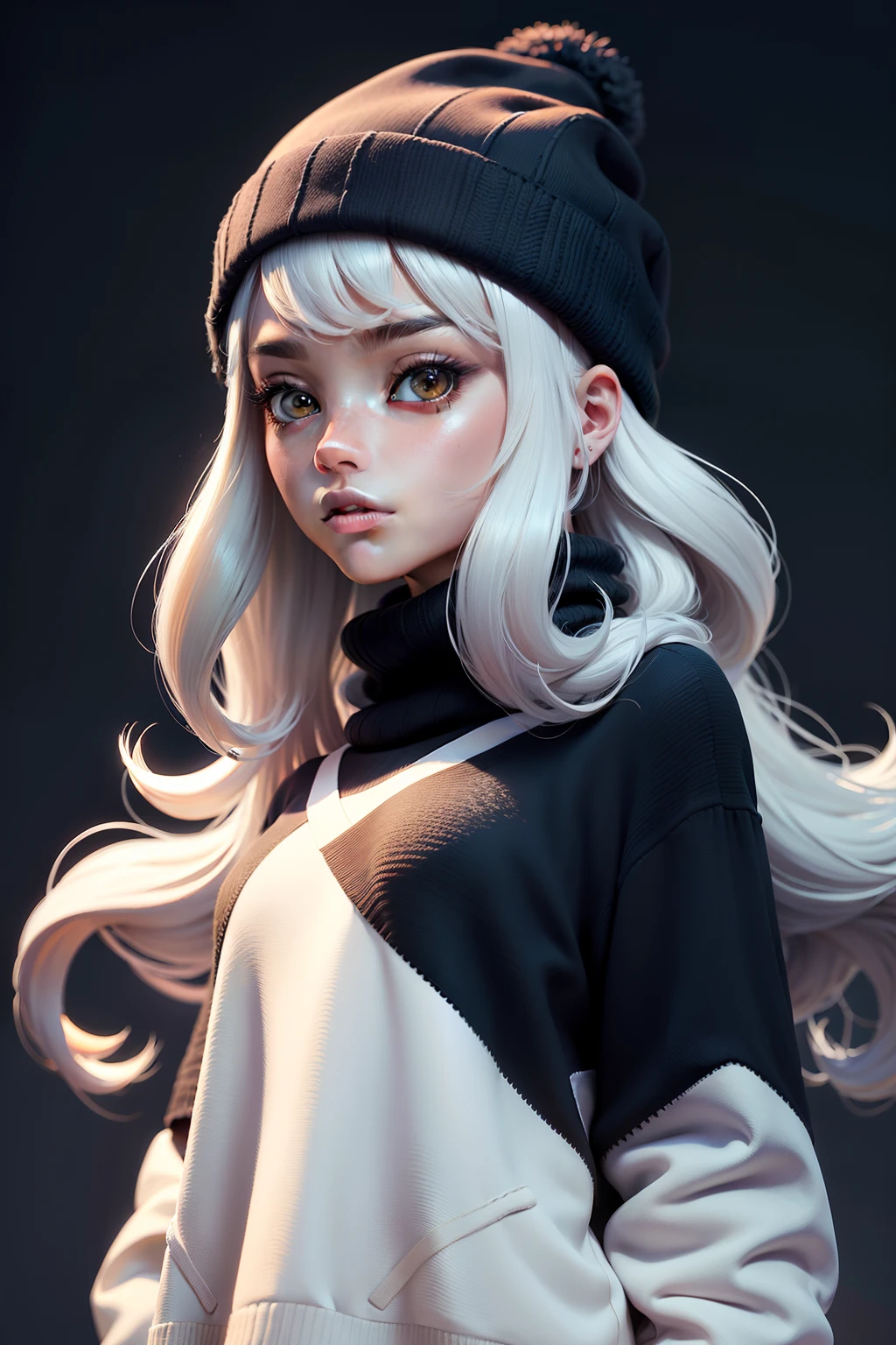 Estilo 3DMM, (obra-prima, qualidade superior, melhor qualidade, arte oficial, handsome and aesthetic: 1.2), (arte fractal: 1.3), 1girl, bonito, alto detalhado, cabelo branco com um toque avermelhado, olhos vermelho, dark ilumination, serious face, looking at the sky, heaven, medium shot, black sweater, joias