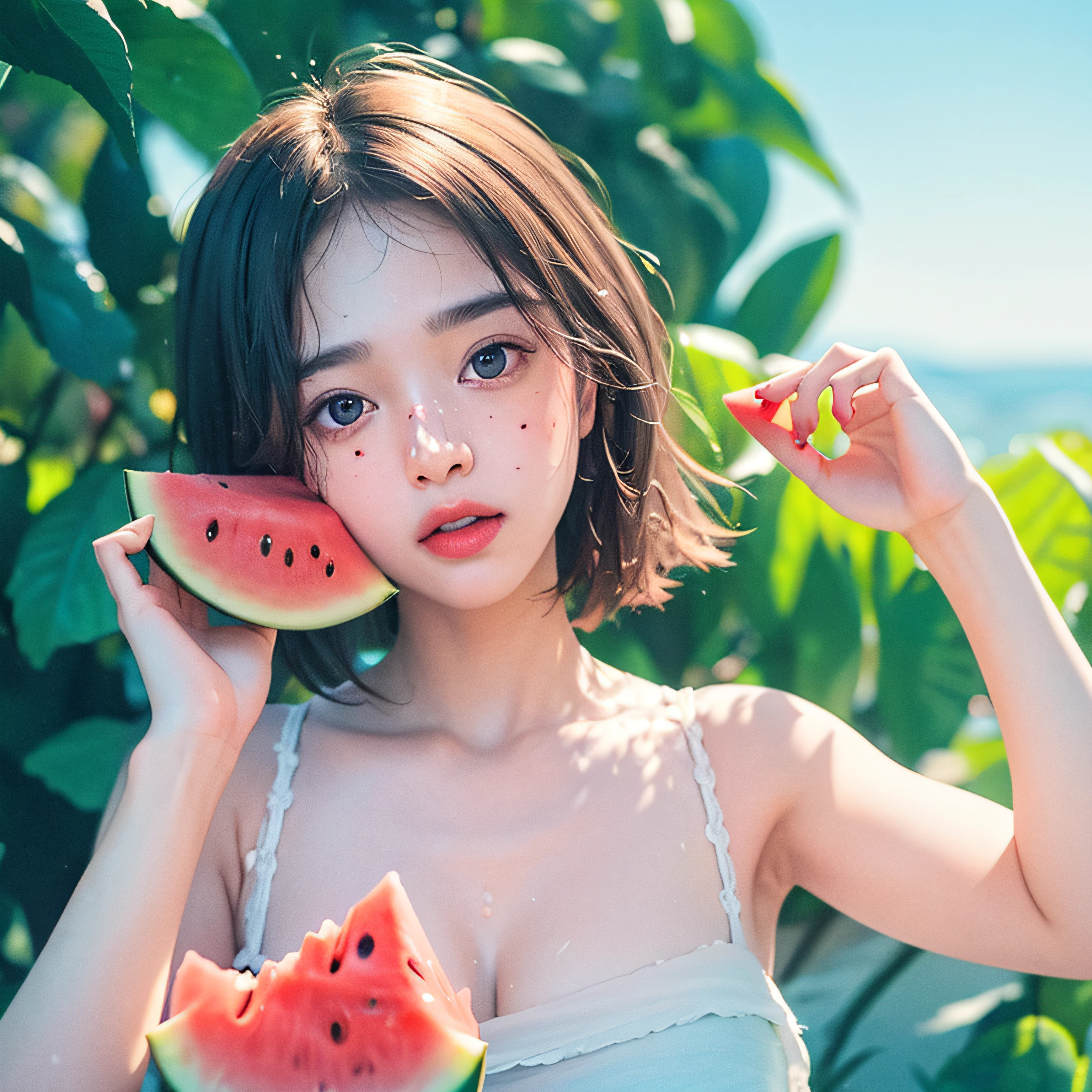 masterpiece,ultra realistic,32k,extremely detailed CG unity 8k wallpaper, best quality, 1 girl, watermelon, summer, film color, (film overlay:1.2), (faded overlay:1.5),