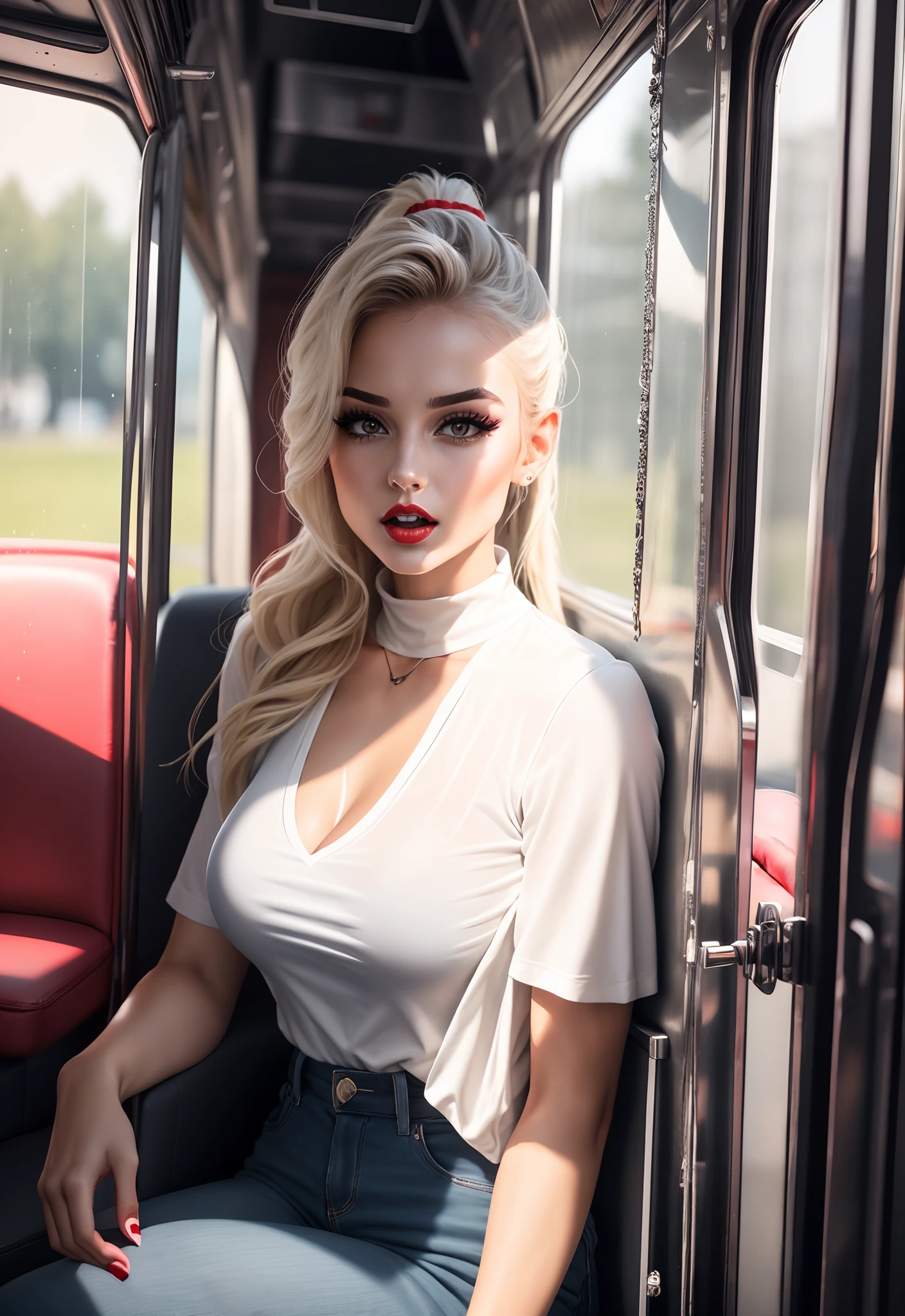 1 beautiful woman, adult, athletic body, ponytail, red lips, lined eyelids, makeup eyelids, short-sleeved shirt, turtleneck shirt, white shirt, blue collar, cleavage, black jeans, sitting on the bus, open mouth, looking out the window