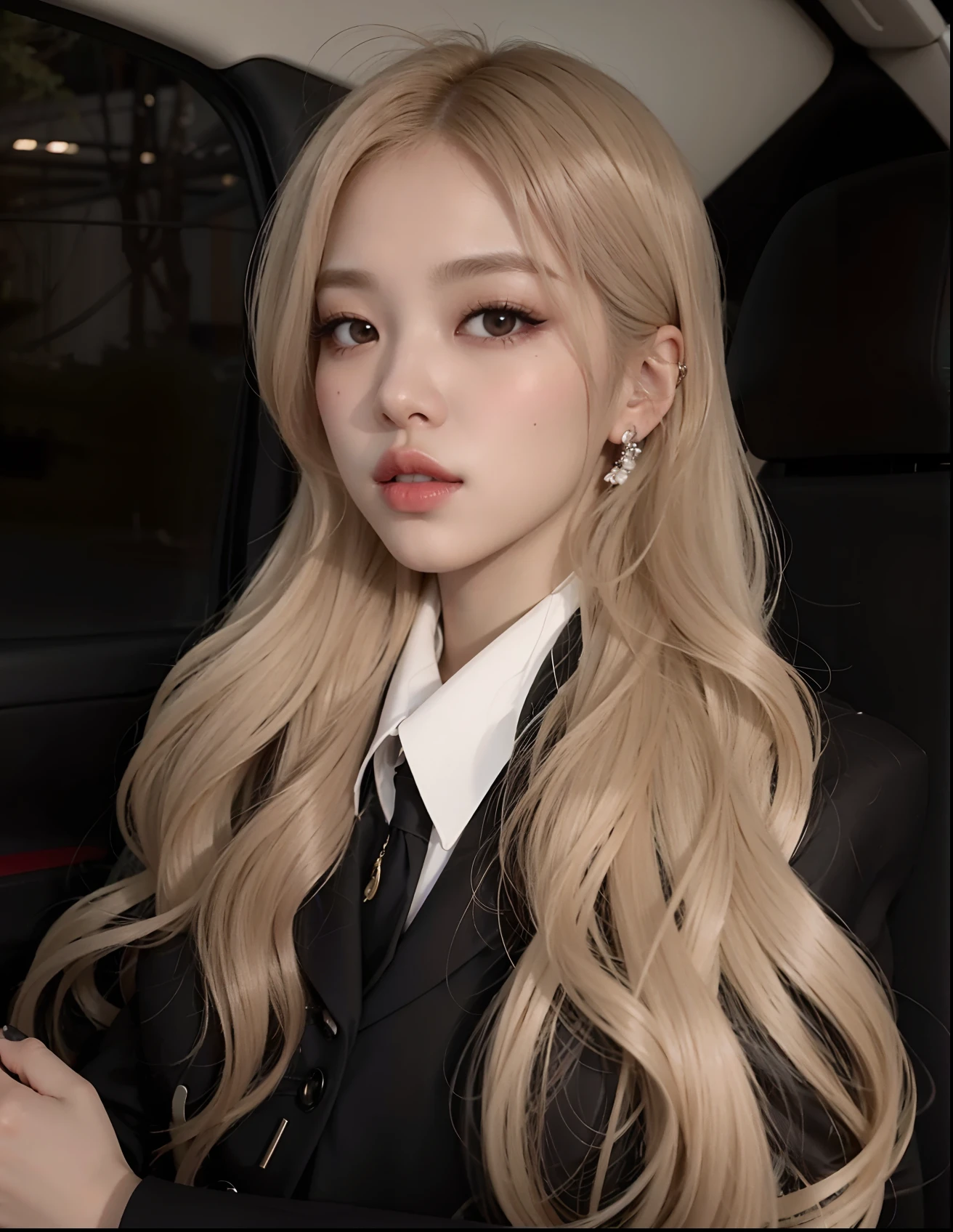 um Close up de uma mulher em um carro com longos cabelos brancos, Retrato de Jossi de Blackpink, Parque Roseanne do Blackpink, Ulzzang, jossi do blackpink, com longos cabelos brancos, Cl, ava max, com cabelos longos brancos, her hair is white, longos cabelos loiros e olhos grandes, maquiagem sul-coreana popular, Lalisa Manobal