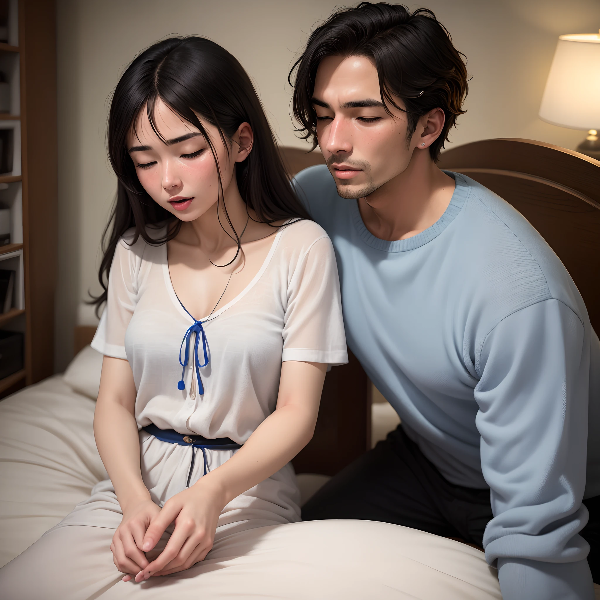 Man and woman in bed taking American blue medicine