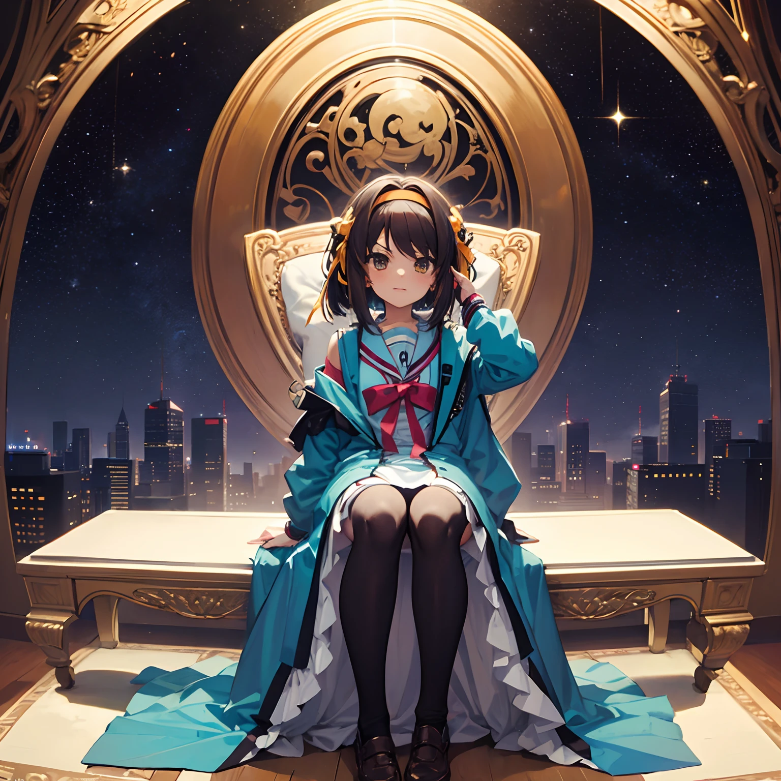 frontage suzumiya haruhi sitting in a throne the background is the universe