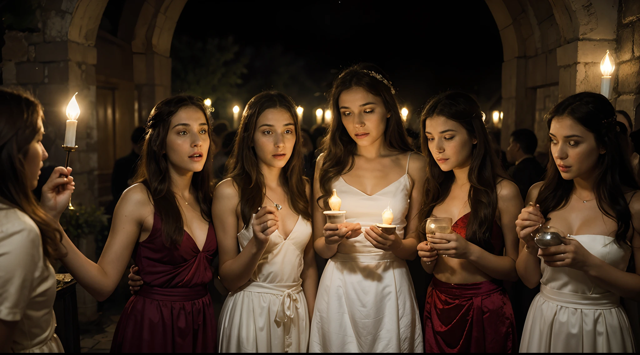 Create an artistic representation of the Parable of the Ten Virgins from Matthew 25:1-13. The scene should feature ten young women, half of them wise and half foolish, holding oil lamps as they await the arrival of the bridegroom. The wise virgins should be depicted as prepared and alert, with their lamps lit and a sense of anticipation on their faces. In contrast, the foolish virgins should appear unprepared, with their lamps either flickering or completely out, and an expression of worry or regret. The setting should convey an atmosphere of night, with stars in the sky and a sense of quiet anticipation. Capture the moment just before the bridegroom arrives, highlighting the contrast between the wise and foolish virgins, and emphasizing the importance of preparedness and vigilance.