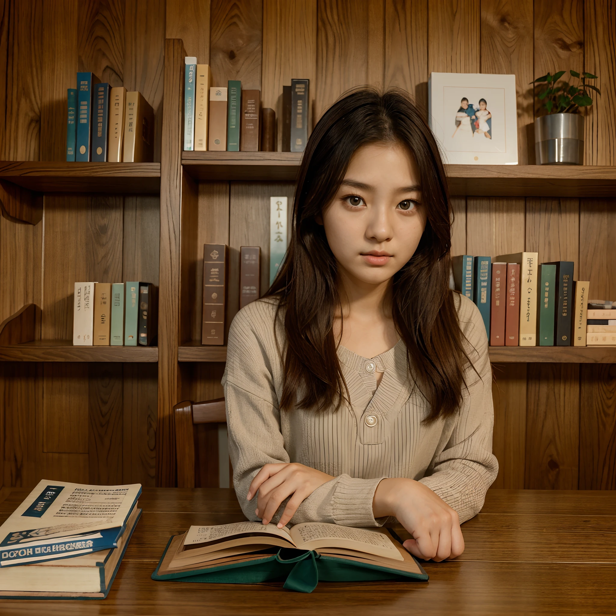 1 girl, 1 symmetrical book on the table, Korean Language and Culture, reading at the table, Wooden furniture, Wooden walls, soft-lighting, Symmetrical fingers, symmetrical beautiful eyes, Very beautiful face, Small bookshelf behind, focuses on learning, beautiful portrait, Oak planks, The girl is 18 years old