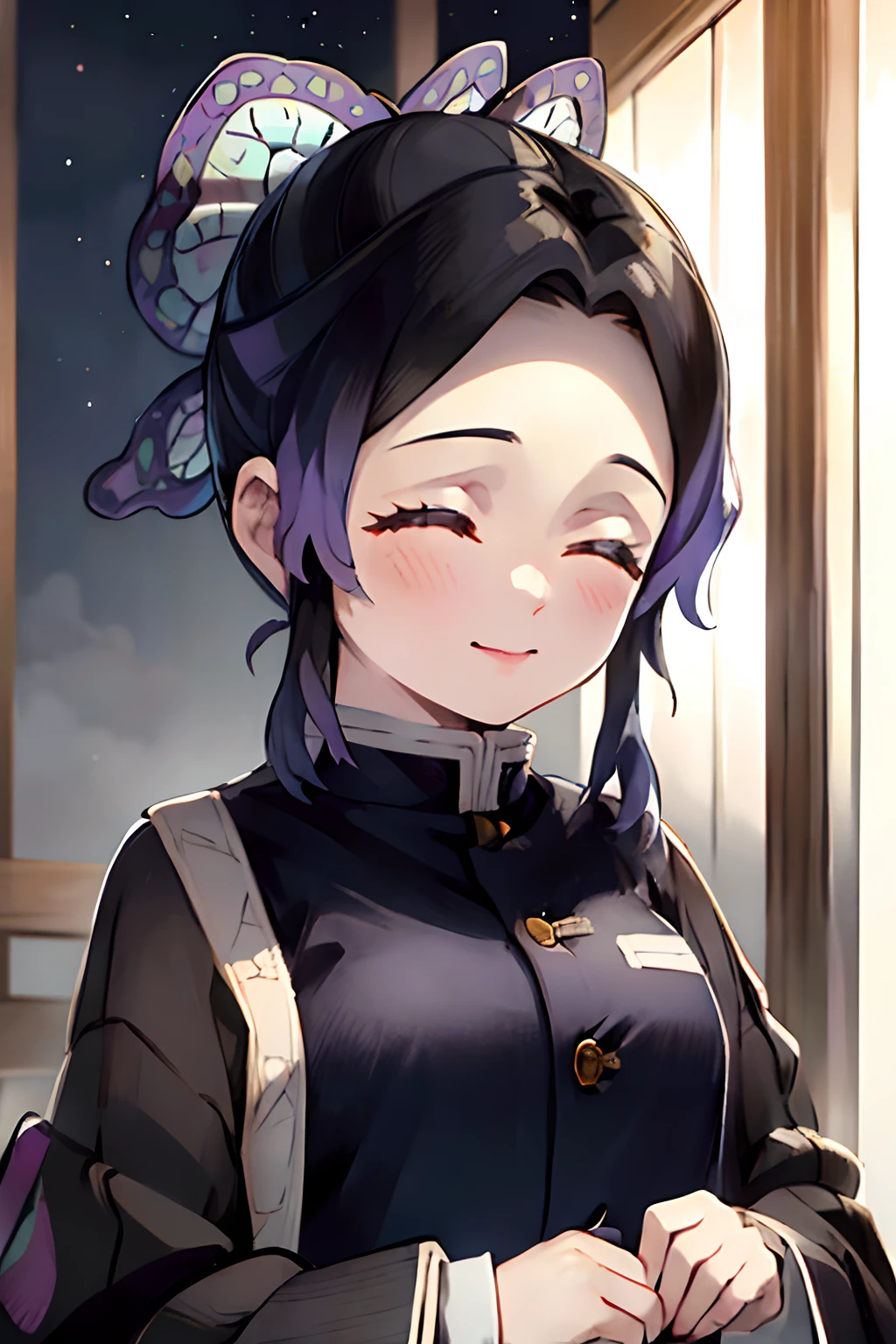 masterpiece, best quality, ultra-detailed, Potrait of beautiful ShinobuDB, demon_slayer_uniform, solo, smile, japanese_clothes, haori, closed_mouth, jacket, long_sleeves, upper_body, closed_eyes, cloud, sky, night, volumetric lighting, best quality, masterpiece, intricate details, tonemapping, sharp focus, hyper detailed, trending on Artstation,