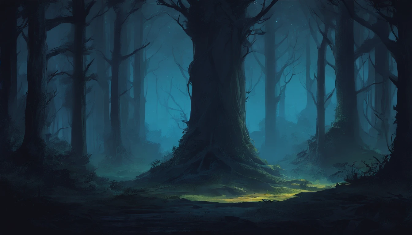 dark and dense forest at night with tall trees and thick tree roots and no parting in the center