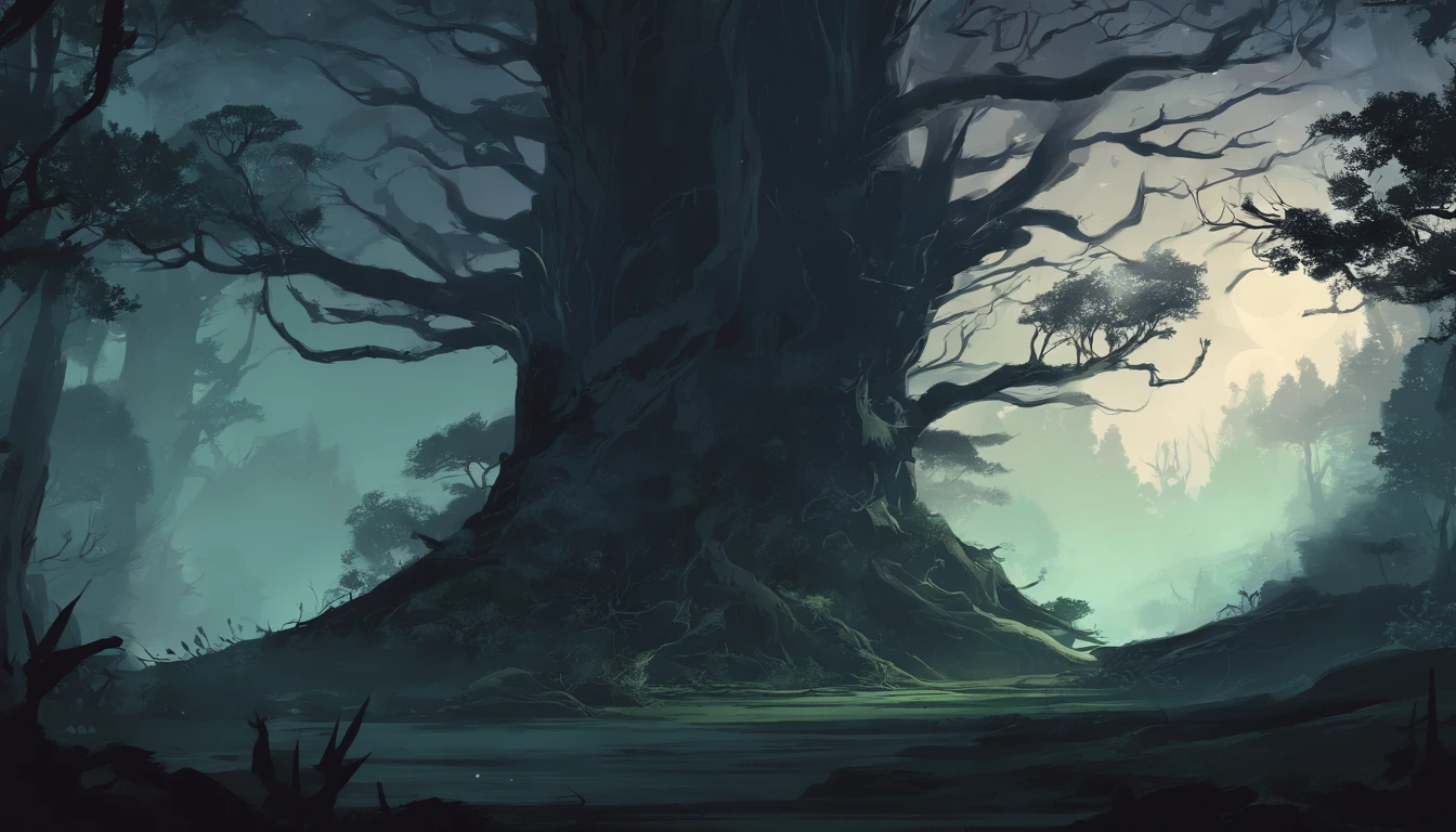 dark and dense forest at night with tall trees and thick tree roots and no parting in the center