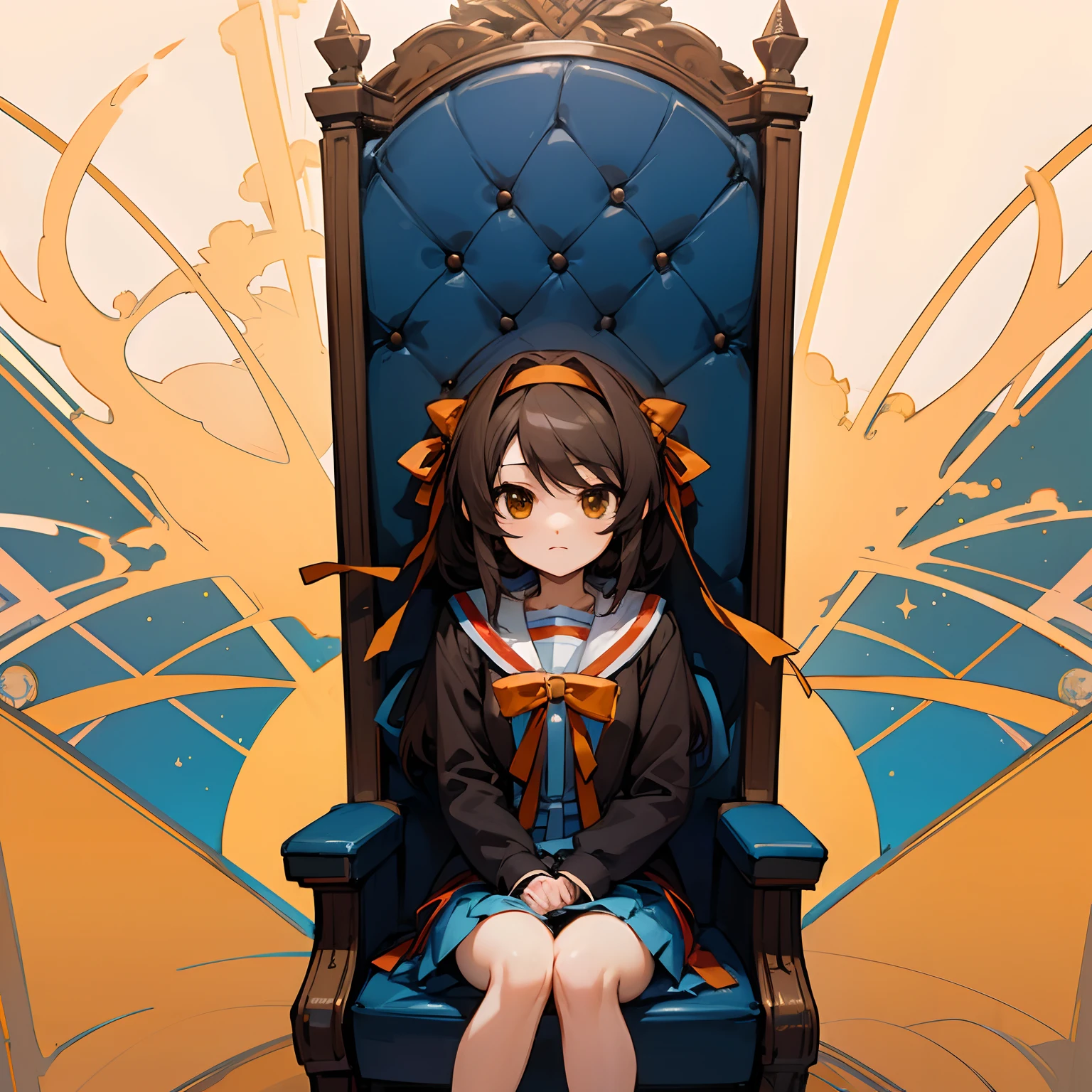 frontage suzumiya haruhi sitting in a throne the background is the universe