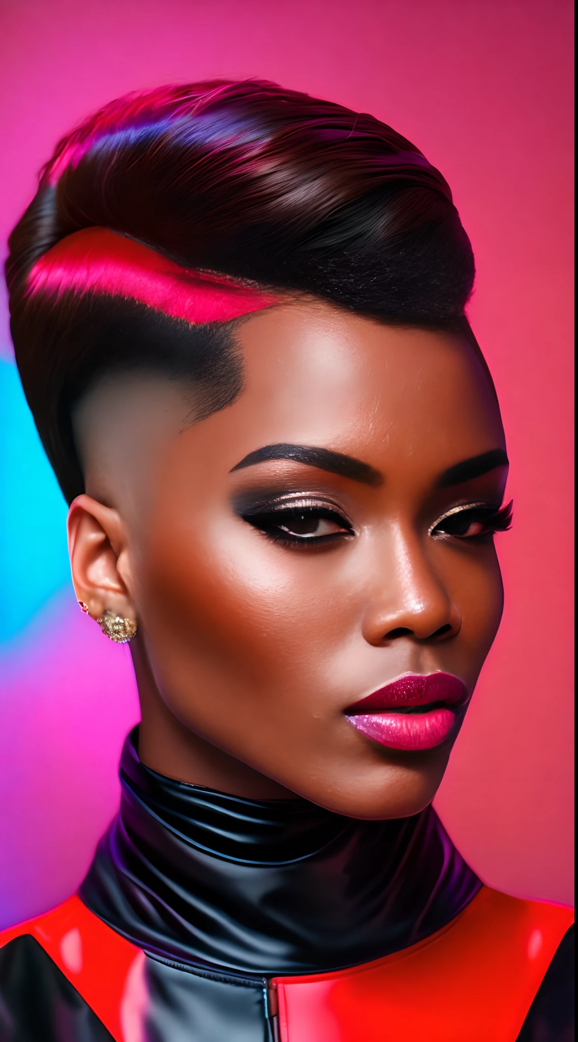 an AFRICAN woman a pair of glasses, Tapered hair, well cut, well shaved on the sides and back, style, a crazy piece in the 90s piece, brincos, Colorful Trackextura latex jacket, glamour da cor do retrato, retrato colorido detalhado, retrato de alta qualidade, cor neon sangrar, Retrato colorido, color studio portrait, cores ultravioleta e neon, full-colour illustration, cores vibrantes hiper realismo, cores neon vibrantes, pop e cores vibrantes, moda colorida, cor neon, cor estilo cyberpunk, iridescent illustration(best quality,alto,ultra-detalhado,Realistic:1.37),retrato,personagem feminina,red latex military jumpsuit,(encaixe apertado,recuado,preciso,elaborar),Solid Bottom Shaved Side Hair Short Top, corte de cabelo preto pixie undercut, cabelos naturais, cabelos cacheados e curtos, laterais raspadas, short hair on sides of head, cabelo preto curto com gel, corte de cabelo de cortina curta preta, cabelo curto preto encaracolado, contornos definidos suaves