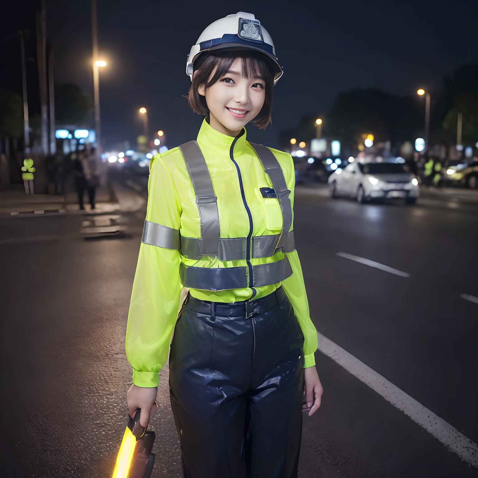(((Best Quality, masutepiece, 超A high resolution、The most complex and detailed depictions)))、(1 Female Traffic Guide、Female traffic police officer、smil、Beautiful smile、dignified expression、Standing on the road at night、Standing on the side of the road、Stand on the edge of the road、Performing Traffic Guidance、Woman working in traffic guidance)、((((Best clothing and belongings for a traffic guide))))、(((Security guard-style long-sleeved shirt、Long sleeve shirt、Navy Uniform Trousers、Yellow reflective material、Wear a safety vest for traffic guidance、Traffic safety vest、wearing helmet、He wears a helmet on his head、Wear a navy armband on your arm、He has one glowing induction rod、Owns 1 precision induction rod、Grip one induction rod、Hold one glowing induction rod)))、straight haired、Smile at the camera、Perfect gas chamber、a dark night、background is city at night、standing on the road、Take a photo above from your lap、Perfect fingers、large full breasts、Emphasize body lines、perfect anatomia、short-hair、straight haired
