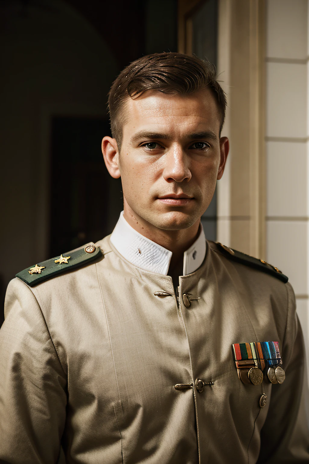 Photography, realistic, portrait, general, military, Northeastern Brazil, white, male, man, beardless, short hair, royal garment, rich, thin