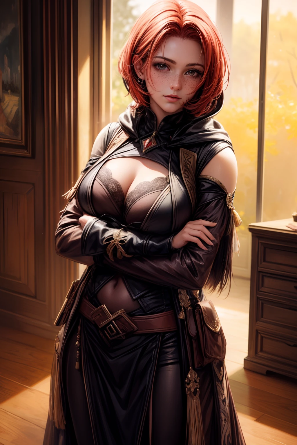 (Realistic oil painting, Image to the waist, 20-year-old princess, British, Black eyes, Vibrant appearance, Redhead, Short hair), Ezio Auditore top, Hooded, black, brown, Red details, Ornaments, Freckles 10% cheekbones, Perfect face, Critical cameras, Blurred background, Warm light, More details of the costume, Thick leftovers, mysterious poses