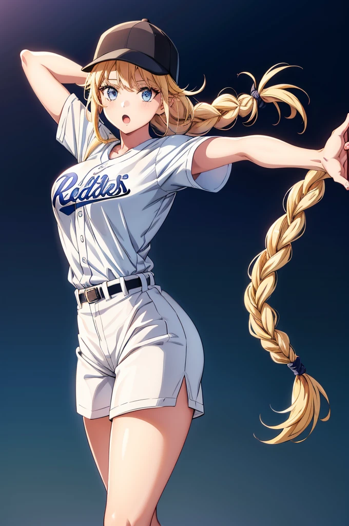 a sexy girl is shown in a baseball uniform standing on a cliff, 1girl, solo, braid, long hair, blue eyes, blonde hair, shorts, hat, baseball uniform, baseball cap, breasts, sportswear, open mouth, thighs, shirt tucked in, white background, looking at viewer, shirt, simple background, white shirt, bangs, short sleeves, belt