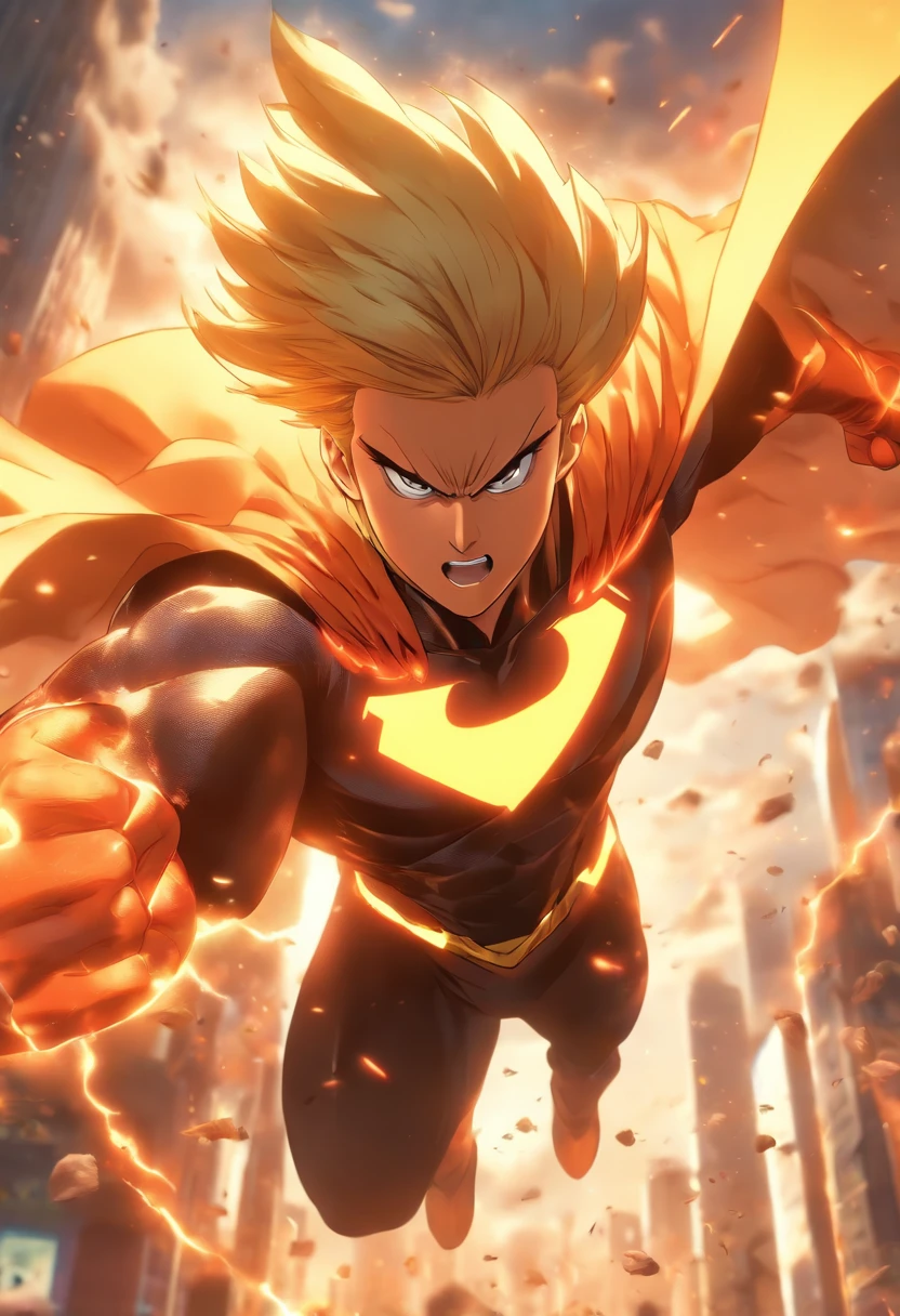female Omni-Man from Invincible,muscular,short bob-cut blonde hair,(perfect eyes),(masterpiece:1.2),(heroic pose),(wearing cape),(detailed facial features), (sharp focus),vivid colors,studio lighting,(physically-based rendering),superhero,action-packed scene,city skyline in the background,flying in the air,debris and dust particles, (ultra-detailed),(realistic),(HDR),(extreme detail description),powerful expression,confident stance,devastation and destruction,sunlight shining through the clouds,dynamic composition, (highres,4k),intense energy emanating from the character, very angry expression, anger, mad, going berserk