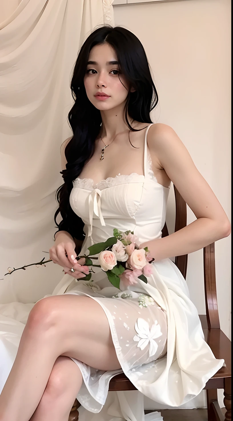 mulher araffe sentada em uma cadeira segurando uma flor e uma rosa, romantic gown, usando deslumbrante vestido de marfim, usando vestido branco, vestido branco, vestido elegante, Pose elegante e bonito, usando vestido cor marfim, vestido branco bonito, ethereal and dreamy, dreamy and ethereal, usando um vestido branco bonito, pale milky white porcelain skin, vestido aberto, lovely woman, roupas brancas da moda