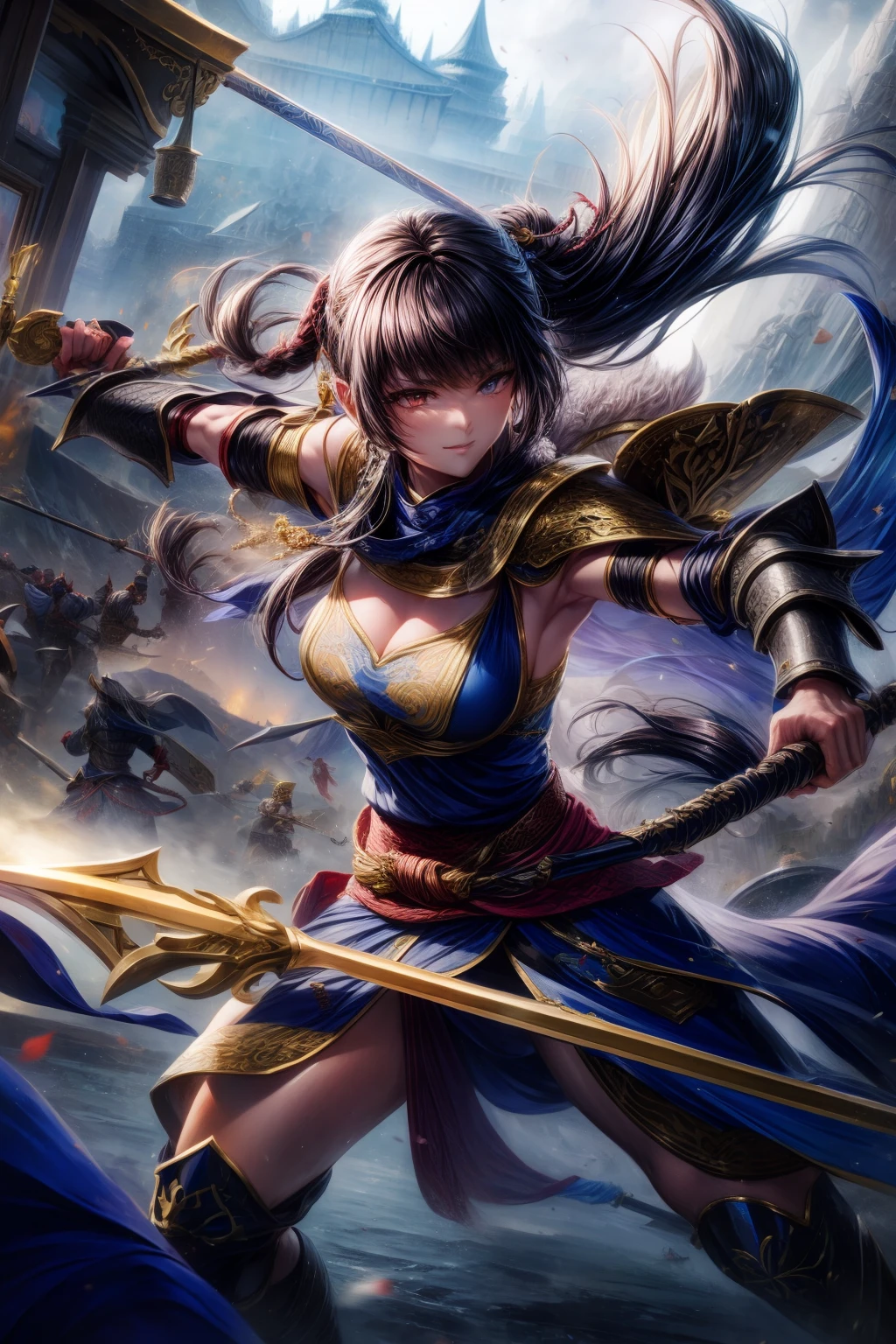 (Best quality),  Detailed background, Oriental nobility,warrior girl,The art of fighting,holding halberd,their, Monster army