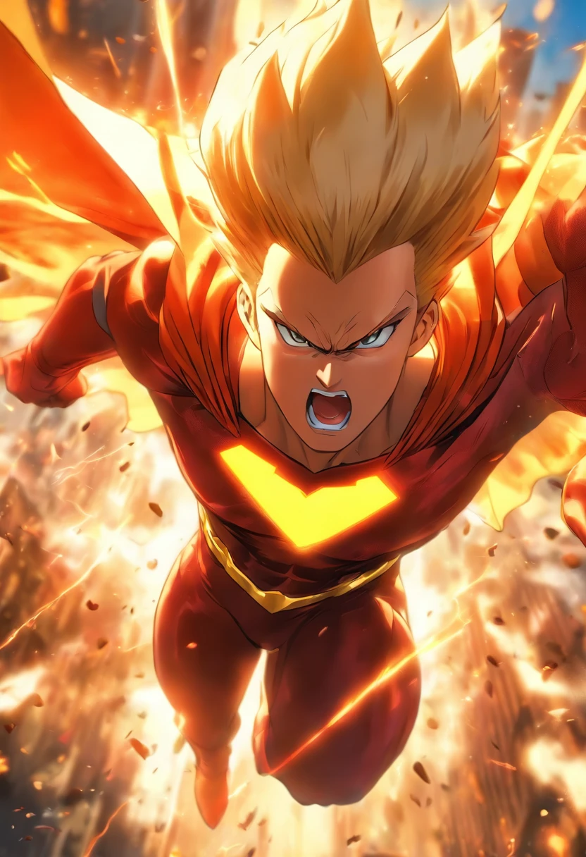 female Omni-Man from Invincible,muscular,short bob-cut blonde hair,(perfect eyes),(masterpiece:1.2),(heroic pose),(wearing cape),(detailed facial features), (sharp focus),vivid colors,studio lighting,(physically-based rendering),superhero,action-packed scene,city skyline in the background,flying in the air,debris and dust particles, (ultra-detailed),(realistic),(HDR),(extreme detail description),powerful expression,confident stance,devastation and destruction,sunlight shining through the clouds,dynamic composition, (highres,4k),intense energy emanating from the character, very angry expression, anger, mad, going berserk