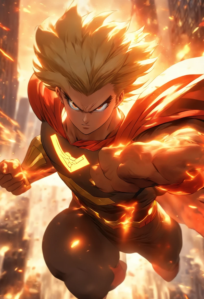 female Omni-Man from Invincible,muscular,short bob-cut blonde hair,(perfect eyes),(masterpiece:1.2),(heroic pose),(wearing cape),(detailed facial features), (sharp focus),vivid colors,studio lighting,(physically-based rendering),superhero,action-packed scene,city skyline in the background,flying in the air,debris and dust particles, (ultra-detailed),(realistic),(HDR),(extreme detail description),powerful expression,confident stance,devastation and destruction,sunlight shining through the clouds,dynamic composition, (highres,4k),intense energy emanating from the character, very angry expression, anger, mad, going berserk