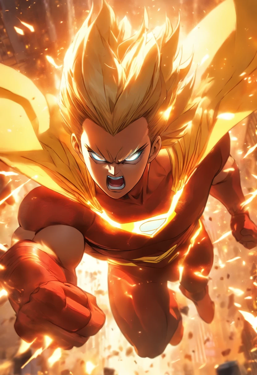 female Omni-Man from Invincible,muscular,short bob-cut blonde hair,(perfect eyes),(masterpiece:1.2),(heroic pose),(wearing cape),(detailed facial features), (sharp focus),vivid colors,studio lighting,(physically-based rendering),superhero,action-packed scene,city skyline in the background,flying in the air,debris and dust particles, (ultra-detailed),(realistic),(HDR),(extreme detail description),powerful expression,confident stance,devastation and destruction,sunlight shining through the clouds,dynamic composition, (highres,4k),intense energy emanating from the character, very angry expression, anger, mad, going berserk