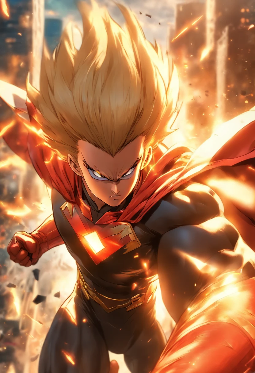 female Omni-Man from Invincible,muscular,short bob-cut blonde hair,(perfect eyes),(masterpiece:1.2),(heroic pose),(wearing cape),(detailed facial features), (sharp focus),vivid colors,studio lighting,(physically-based rendering),superhero,action-packed scene,city skyline in the background,flying in the air,debris and dust particles, (ultra-detailed),(realistic),(HDR),(extreme detail description),powerful expression,confident stance,devastation and destruction,sunlight shining through the clouds,dynamic composition, (highres,4k),intense energy emanating from the character, very angry expression, anger, mad, going berserk