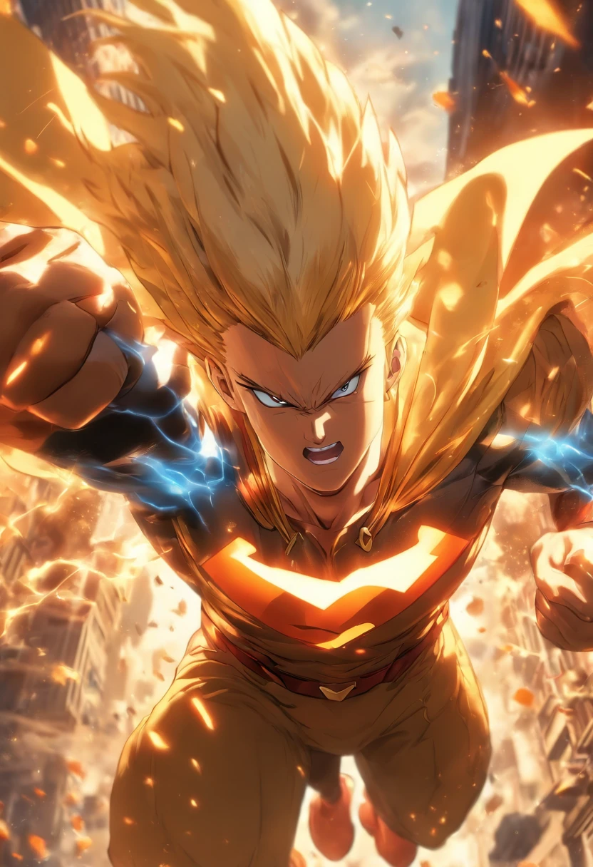 Supersayajin , white futuristic outfit with black abstract print, mouth open screaming, cabelo na cor amarelo degradê, angry and furious radiating energy around him, and destroying everything