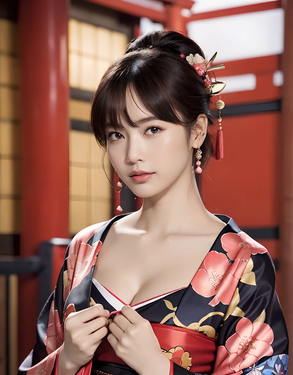 ((oiran woman)),(top-quality、8K、32K、masterpiece、超A high resolution、nffsw:1.3)、(Japan idol:1.3)、1girl in、(Colossal tits)、((extremely heavy breasts)),(short-hair)、abdominals、the perfect body、((oiran woman)), Delicate facial features, Ultra-realistic, Hyper-realistic, 鎖骨、Shadow、octan render、((maikurobikini)),((Wear a beautiful kimono with a high degree of exposure)),hyperdetailed face、Detailed lips、finely eye、二重まぶた、(魅惑的)、((agitation:1.5))、maikurobikini、((Navel))、Armpit、((Female ninja)),Kunoichi Ninja、Throw shurikens、Japan holding a sword、Mystical expression、shrine background、Old Town of Japan、((heavy breasts)),Toostock、mecosuji、Kimono with colorful floral pattern、highcontrast、(((Brightly colored kimono))),heavy breasts、((Glamorous Jar)).((Take a variety of sexy poses)),flicker、Kimono comes off、