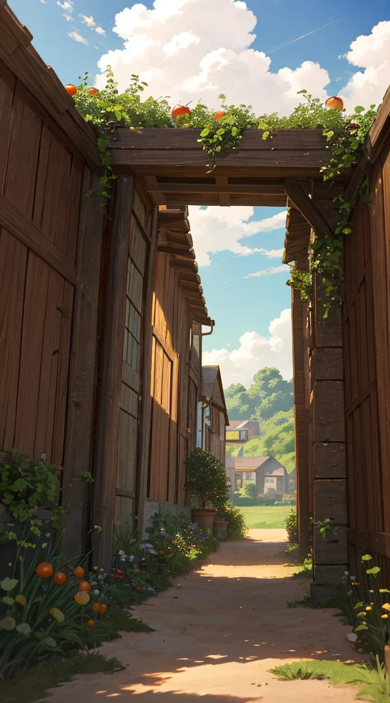 Medieval Kingdom, medieval farm field, magic hour, no human, vegetables, fruit, scenery, beautiful anime scene, anime sky, healing, relaxation, relax, peace of mind, fantastical, photorealistic, masterpiece, best quality, sharp focus, 4k