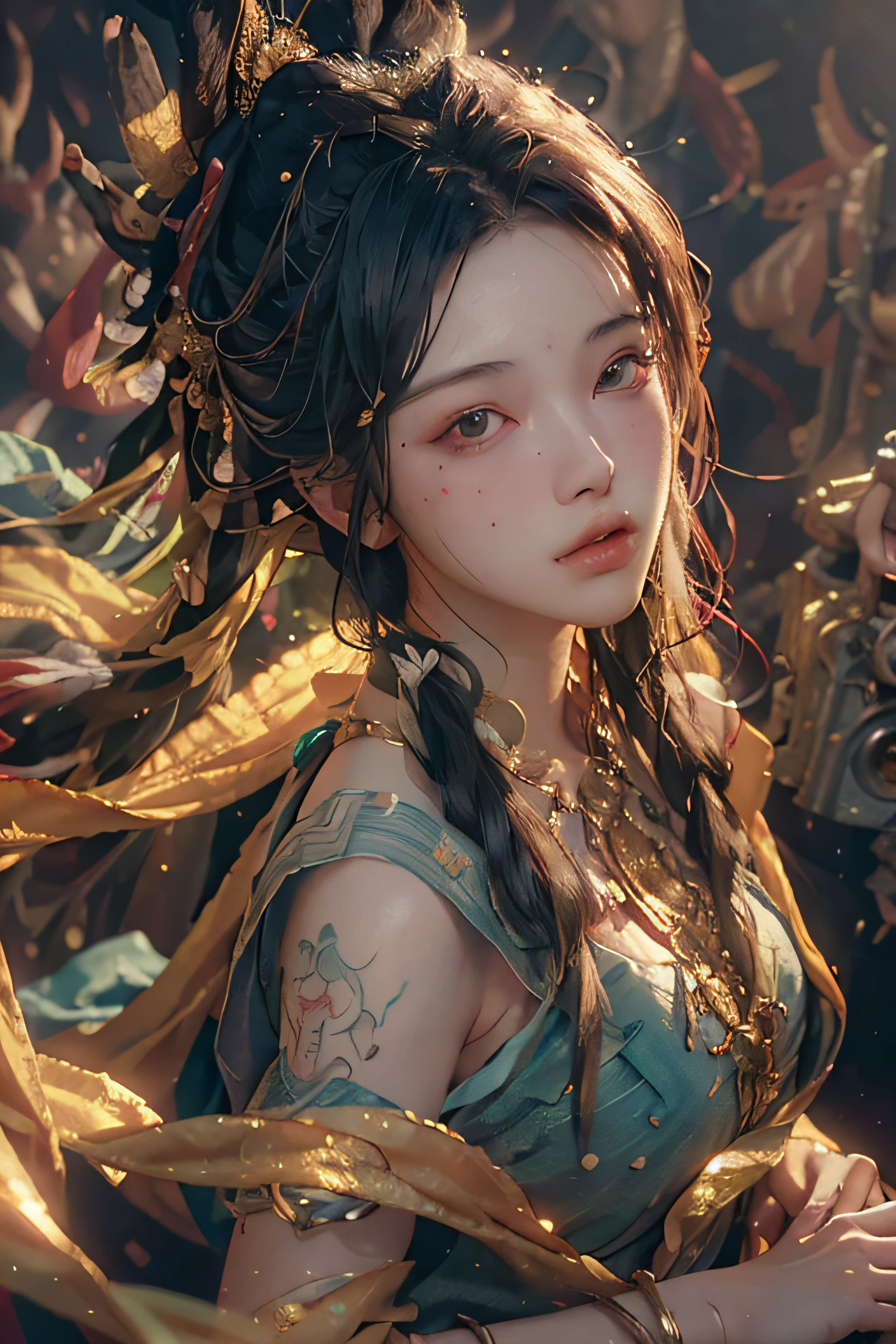 (RAW photo, best quality), (realistic, photo-realistic:1.3),best quality,highly detailed,masterpiece,ultra-detailed,illustration,1girl,upper_body,dynamic angle,world masterpiece theater,messy_long_hair,best quality,extremely detailed CG unity 8k wallpaper,ink,Amazing,cinematic lighting,lens_flare,,dunhuang_style