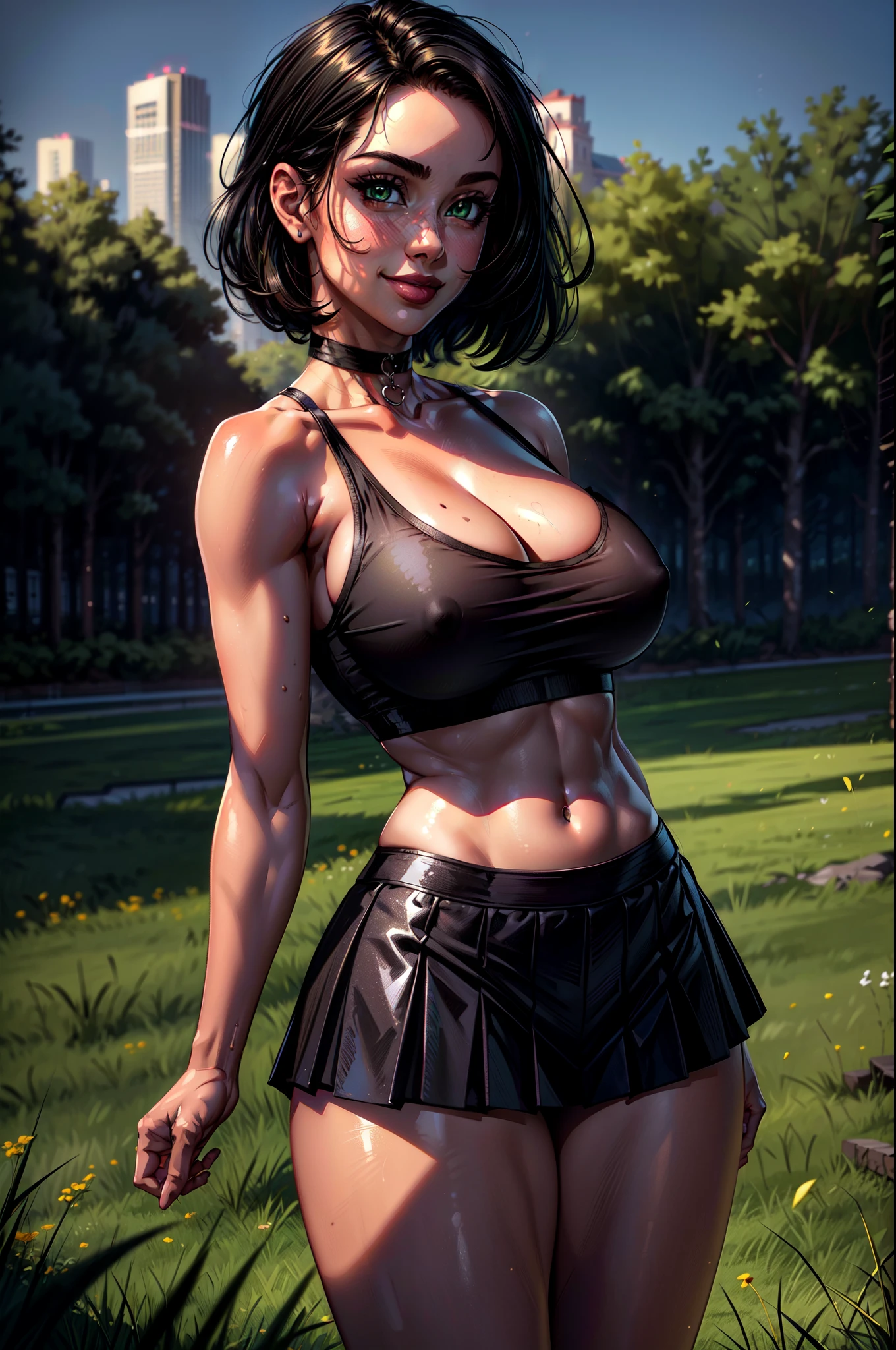 ((Masterpiece)), ((Best Quality)), Ultra High Resolution, HDR, absurdres, (1 girl), ultra detailed, dramatic lighting, blushing, smile, green eyes, short black hair, bob hair, choker, crop top, (black tank top), (black pleated mini skirt), gorgeous girl, large breasts, cleavage, gorgeous body, glossy skin, vivid colors, full body view, sharp focus, ultra detailed illustration, ultra detailed background, ultra photorealistic, outdoors, standing up, in green grass field, feminine, sexy