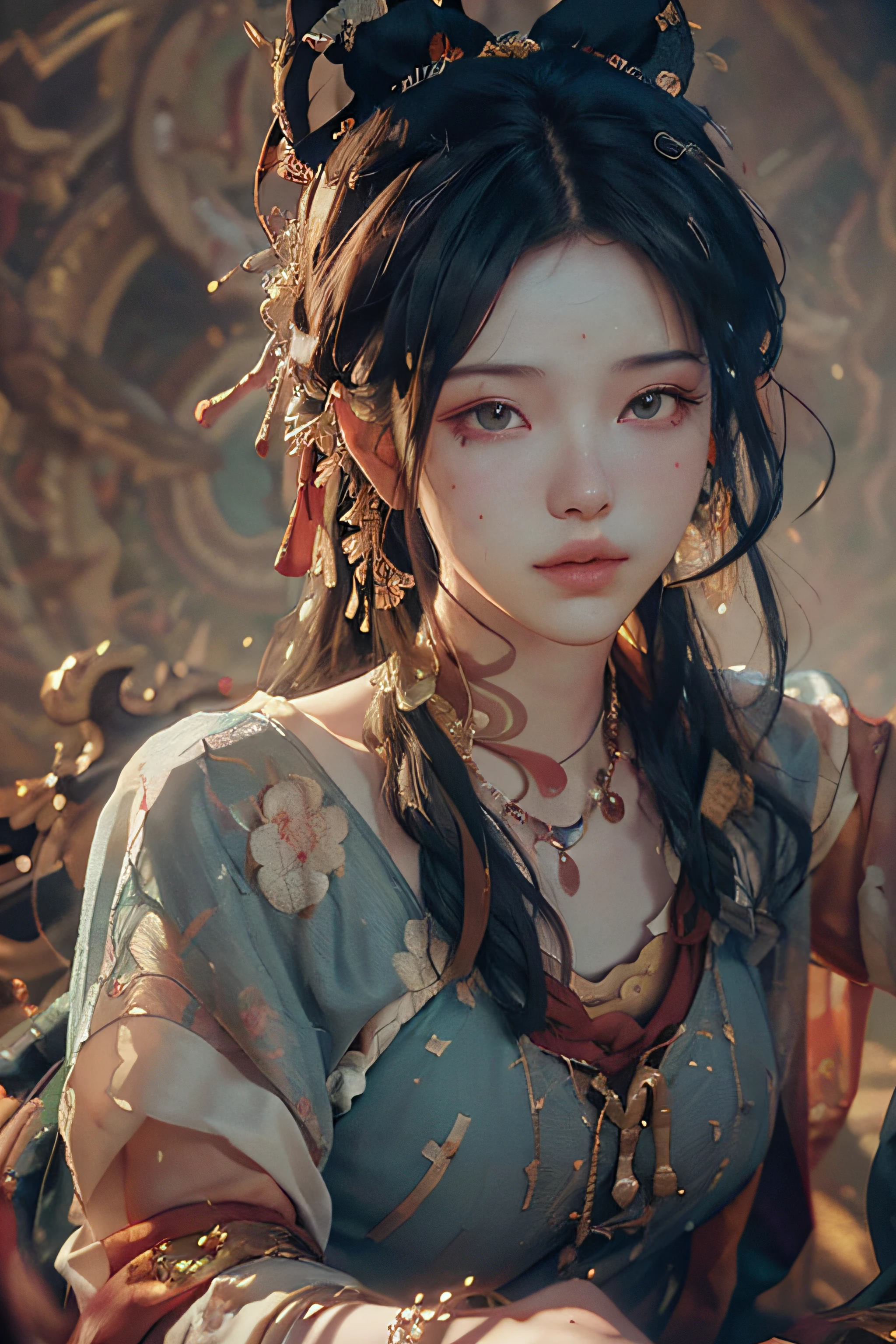 (RAW photo, best quality), (realistic, photo-realistic:1.3),best quality,highly detailed,masterpiece,ultra-detailed,illustration,1girl,upper_body,dynamic angle,world masterpiece theater,messy_long_hair,best quality,extremely detailed CG unity 8k wallpaper,ink,Amazing,cinematic lighting,lens_flare, dunhuang_style
