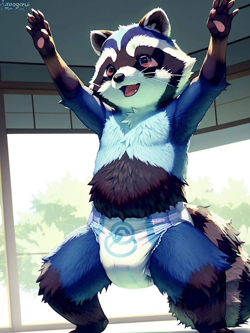 ((drawn by wadorigi on Twitter)(tanuki(Japanese raccoon dog))),big, bipedal, pure white and skyblue fur, wearing pampers disposable soggy diaper with red flame symbol, dancing like ballerina, in laboratory , 3d realistic