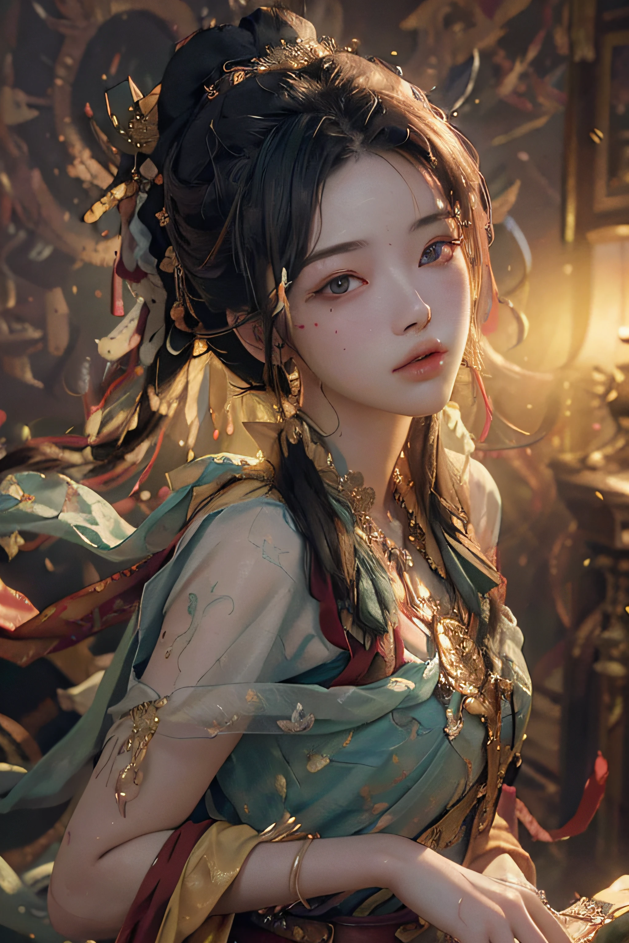 (RAW photo, best quality), (realistic, photo-realistic:1.3),best quality,highly detailed,masterpiece,ultra-detailed,illustration,1girl,upper_body,dynamic angle,world masterpiece theater,messy_long_hair,best quality,extremely detailed CG unity 8k wallpaper,ink,Amazing,cinematic lighting,lens_flare, dunhuang_style