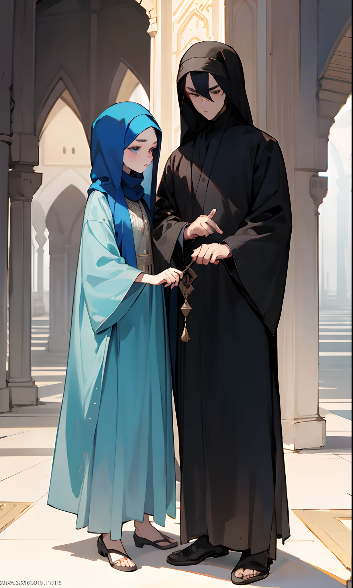 pixar characters, girl from bosnia, who is 165cm tall and has a blue hijab on and a black abaya, standing in a mosque, next to her husband, who is from kashmir, wearing a black thobe and is 178cm tall