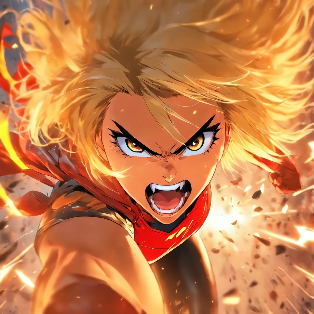 Female super hero with blonde bob cut, going insane, angry, going berserk, muscular