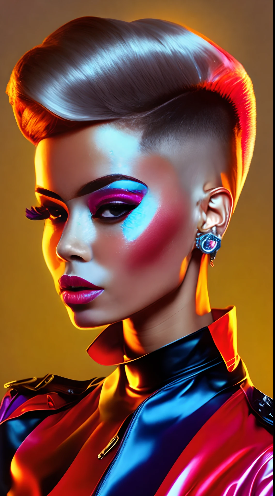 an AFRICAN woman a pair of glasses, Tapered hair, well cut, well shaved on the sides and back, style, a crazy piece in the 90s piece, brincos, Colorful Trackextura latex jacket, glamour da cor do retrato, retrato colorido detalhado, retrato de alta qualidade, cor neon sangrar, Retrato colorido, color studio portrait, cores ultravioleta e neon, full-colour illustration, cores vibrantes hiper realismo, cores neon vibrantes, pop e cores vibrantes, moda colorida, cor neon, cor estilo cyberpunk, iridescent illustration(best quality,alto,ultra-detalhado,Realistic:1.37),retrato,personagem feminina,red latex military jumpsuit,(encaixe apertado,recuado,preciso,elaborar),Solid Bottom Shaved Side Hair Short Top, corte de cabelo preto pixie undercut, cabelos naturais, cabelos cacheados e curtos, laterais raspadas, short hair on sides of head, cabelo preto curto com gel, corte de cabelo de cortina curta preta, cabelo curto preto encaracolado, contornos definidos suaves