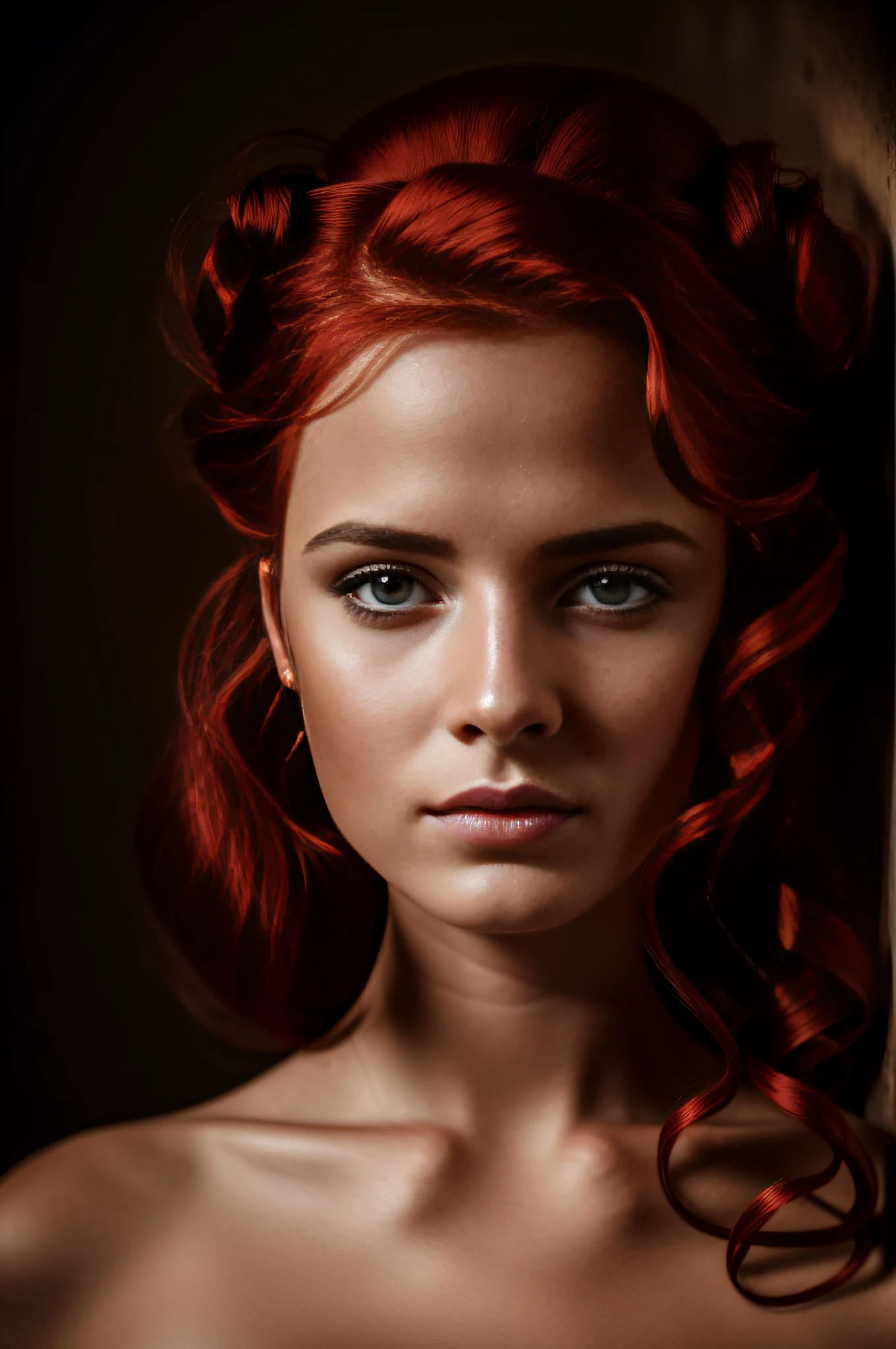 (award winning portrait photograph) fille, (Sara:0.99), porter de la lingerie, Highly detailed skin, tangled red hair, mise au point nette, photoreallistic, Rayons des dieux, lighting cinematic, 8k, grain du film