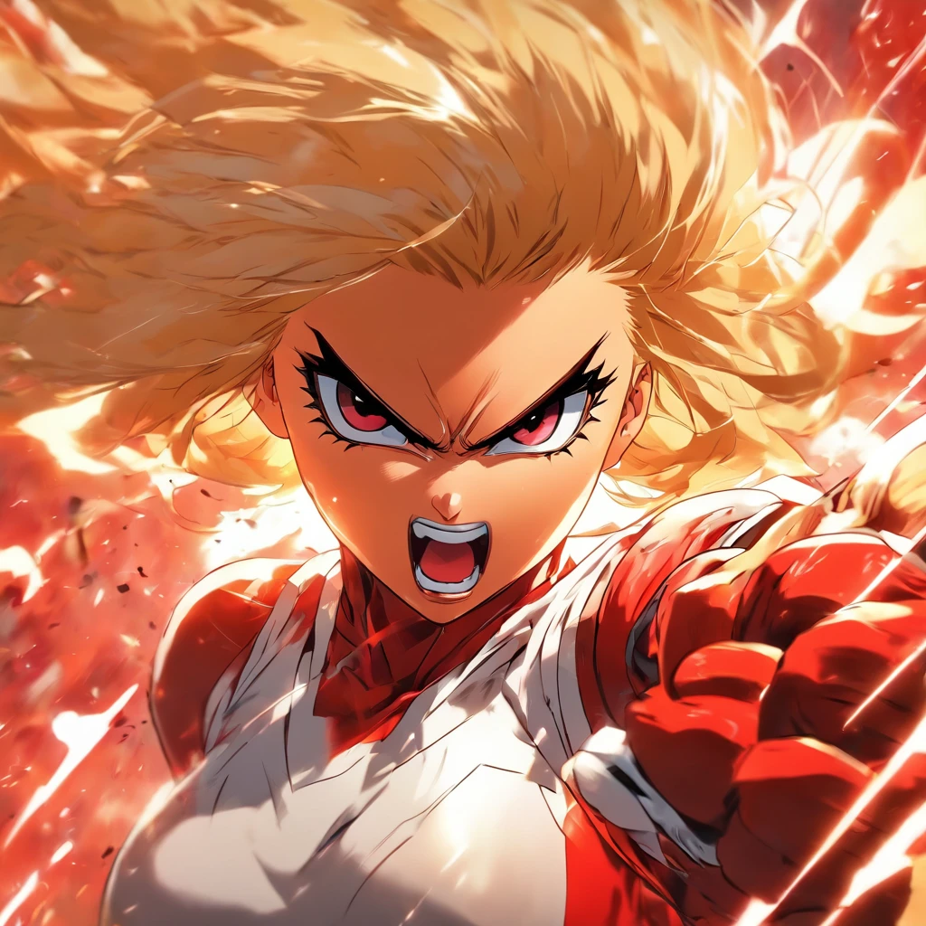 Female super hero with blonde bob cut, going insane, angry, going berserk, muscular, wearing white and red outfit