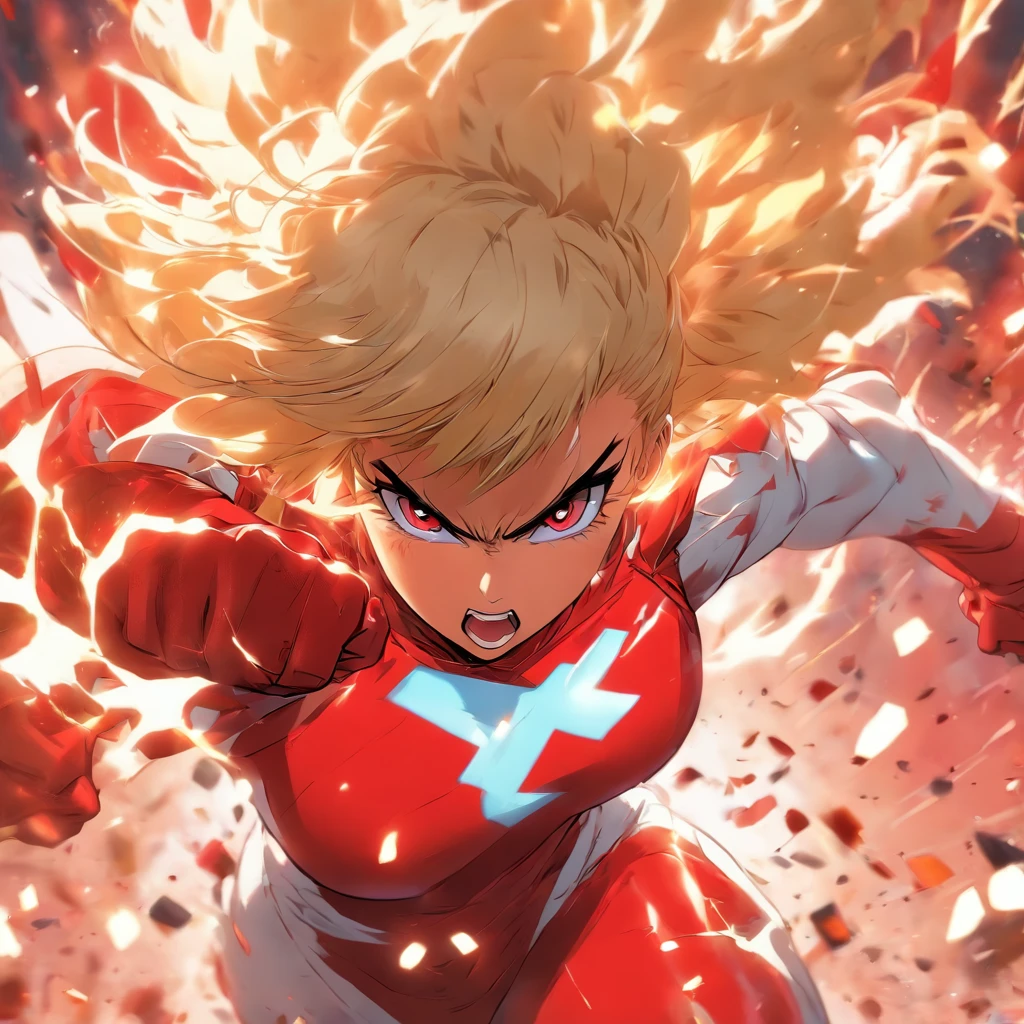 Female super hero with blonde bob cut, going insane, angry, going berserk, muscular, wearing white and red outfit