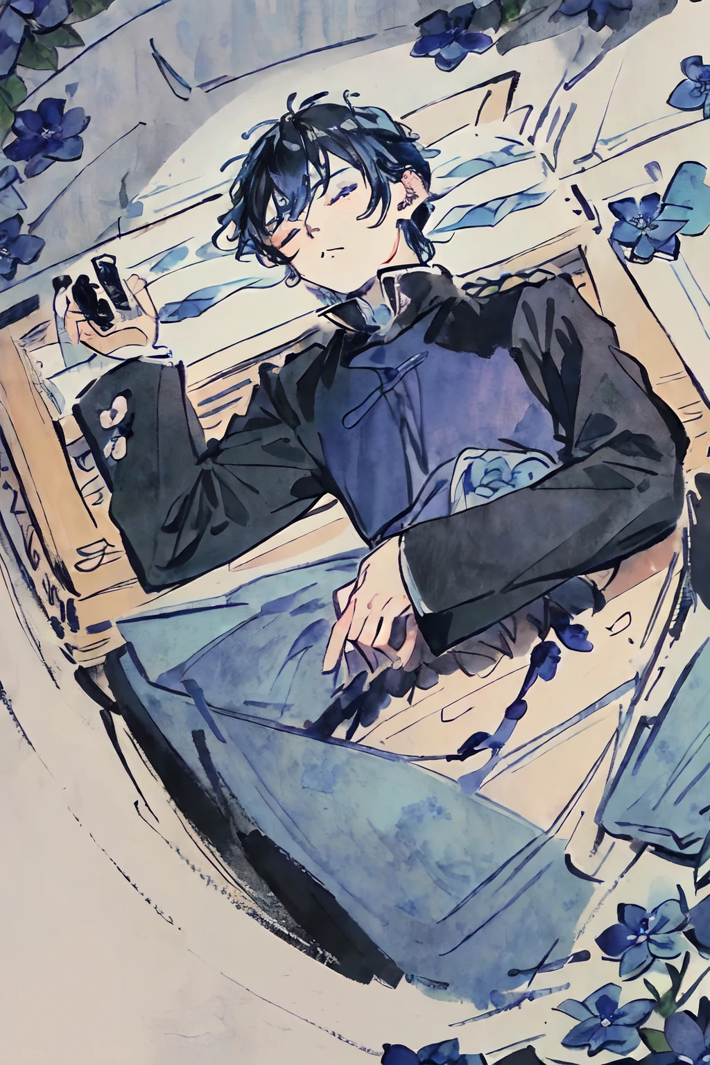 best quality, masterpiece, sketch, monochrome, traditional media, Pencil drawing, drawing, Drawing boards, sketches, ((((1 male, 1 boy, solo, coffin, laying inside coffin filled with blue flowers, flowers, blue flowers, peaceful, boy sleeping, long black hair, blue eyes, knight uniform outfit))))