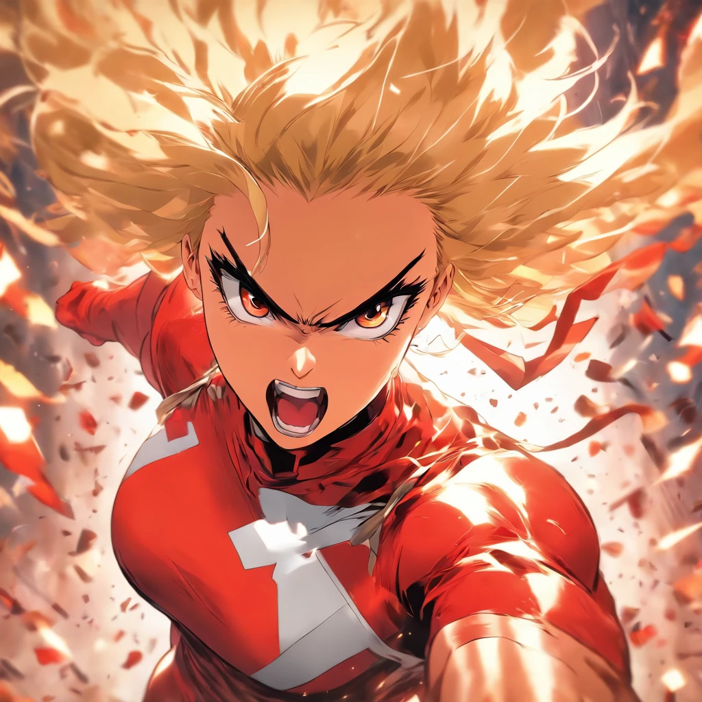Female super hero with short blonde bob cut, going insane, angry, going berserk, muscular, wearing white and red outfit