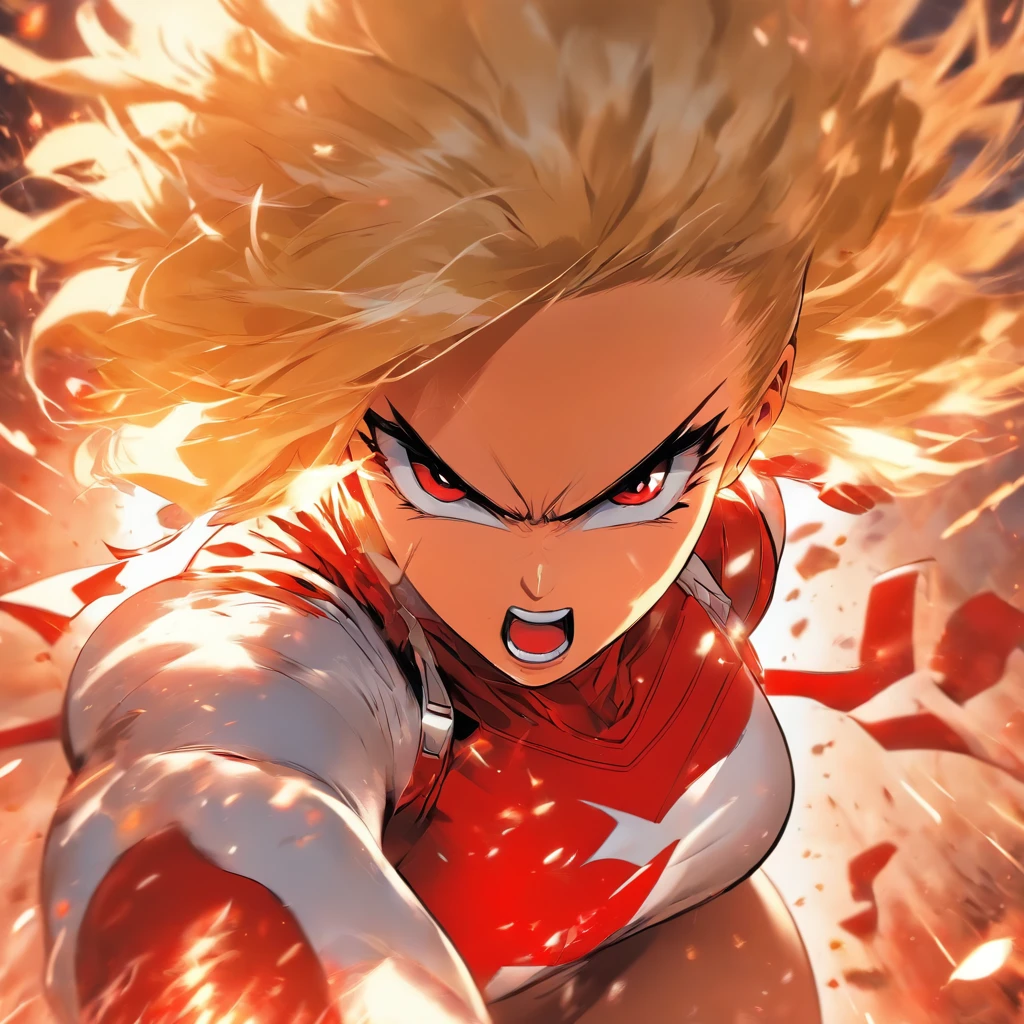 Female super hero with short blonde bob cut, going insane, angry, going berserk, muscular, wearing white and red outfit