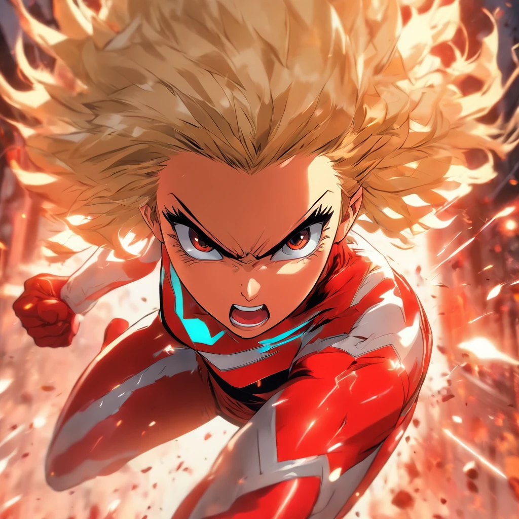 Female super hero with short blonde bob cut, going insane, angry, going berserk, muscular, wearing white and red outfit