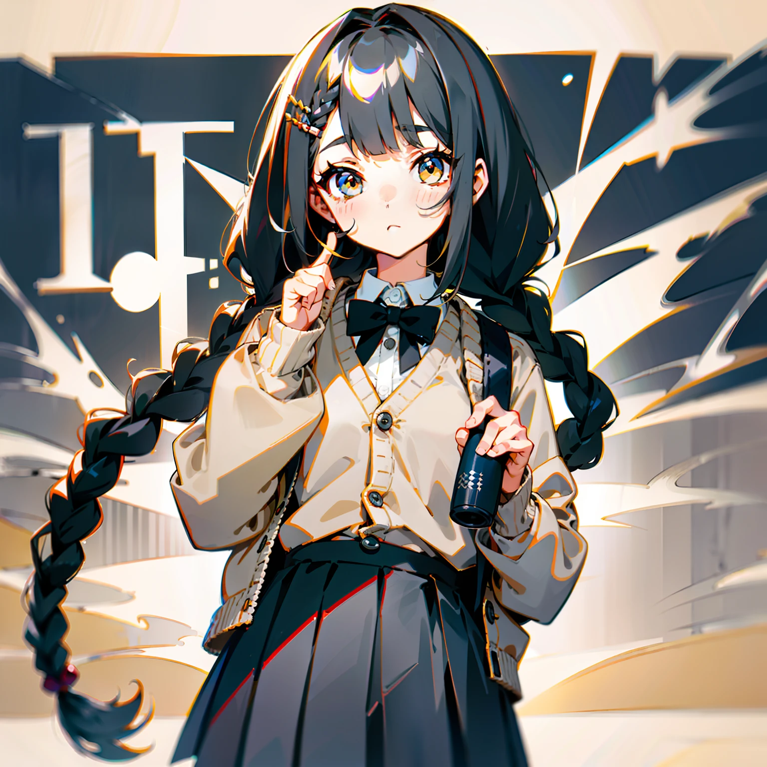 adolable, Her hair is black grey
Hair color＝The tips of the hair are slightly yellow and the upper part is beige
hair ornament＝A thin ribbon at the place of the hair elastic

Dress
blazer&cardigan

Well-groomed braids、Female student in junior high school、
　
Put your fingers in your slightly empty mouth