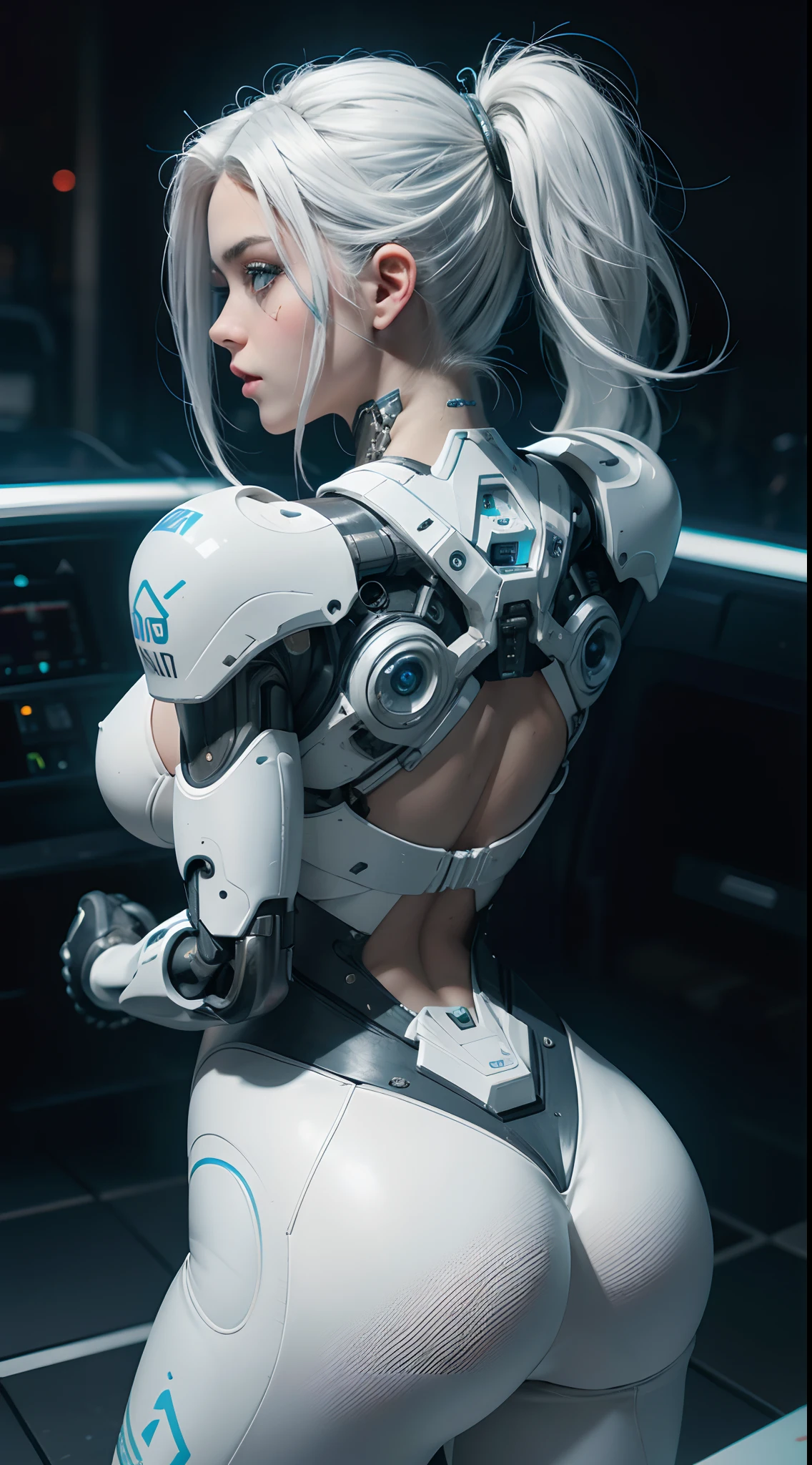 NSFW, 1girl, , cuerpo completo, cyberpunk, mecha, mechanics, (Obra maestra: 1.4), (8k, realista, Foto RAW, La mejor calidad: 1.4), Transparent nipple areola shape, Hermosos pechos, Chica japonesa, Hermosa cara linda, (Cara real: 1.4), Perfecto , hermoso peinado, Ojos azules realistas, Hermosos ojos de detalle, (piel real: 1.3), Piel hermosa, atractivo, cara enojada, ultrahigh resolution, ultra realista, cinematic lighting, hair dyed white, Cabello largo, Cintas, Ruinas de la ciudad, Mundo futurista,traje retrofuturista,cyborg,white hair,una parte de la cara es robot,retrofuturistic colors, neon lights ,yoga pose,back view