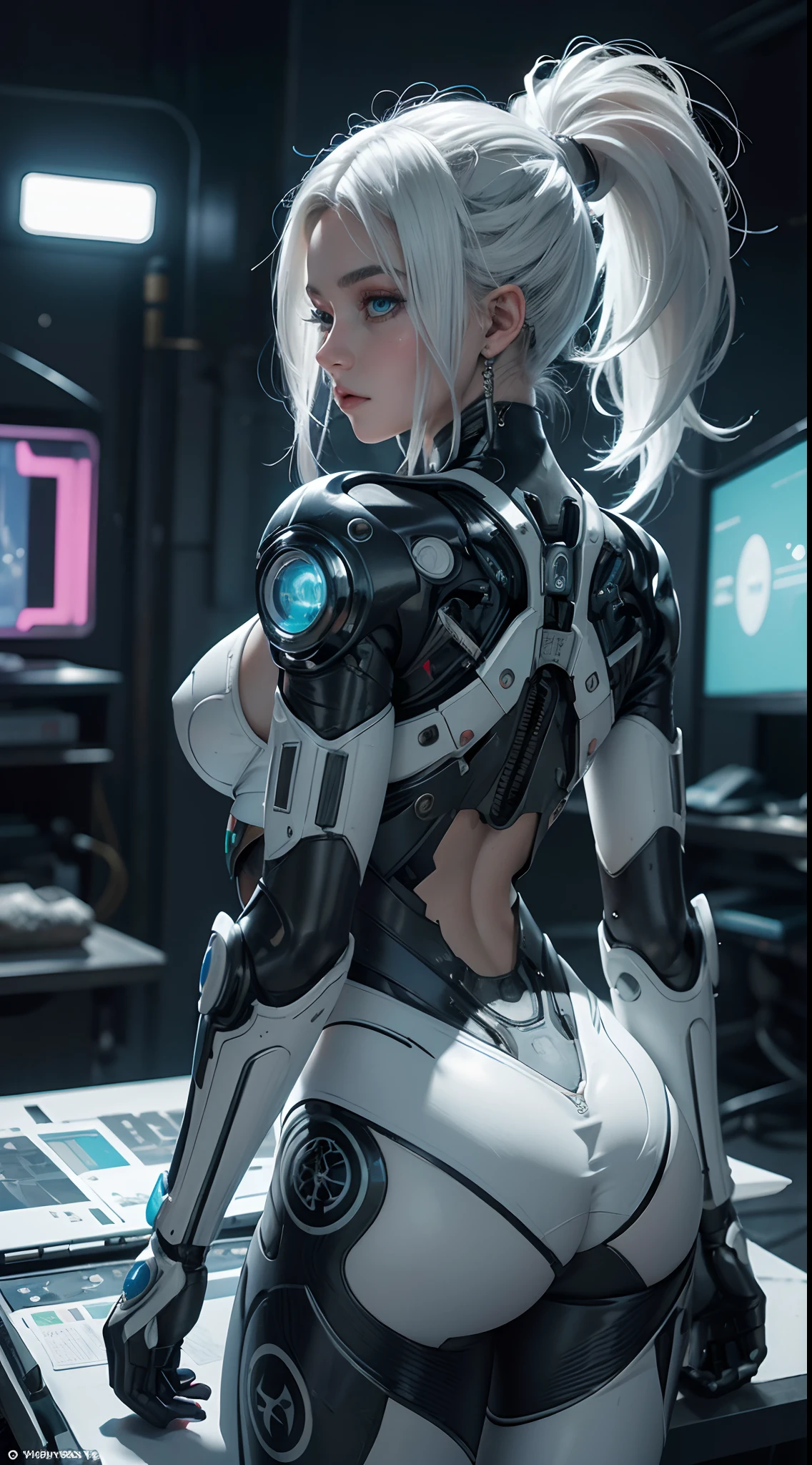 NSFW, 1girl, , cuerpo completo, cyberpunk, mecha, mechanics, (Obra maestra: 1.4), (8k, realista, Foto RAW, La mejor calidad: 1.4), Transparent nipple areola shape, Hermosos pechos, Chica japonesa, Hermosa cara linda, (Cara real: 1.4), Perfecto , hermoso peinado, Ojos azules realistas, Hermosos ojos de detalle, (piel real: 1.3), Piel hermosa, atractivo, cara enojada, ultrahigh resolution, ultra realista, cinematic lighting, hair dyed white, Cabello largo, Cintas, Ruinas de la ciudad, Mundo futurista,traje retrofuturista,cyborg,white hair,una parte de la cara es robot,retrofuturistic colors, neon lights ,yoga pose,back view
